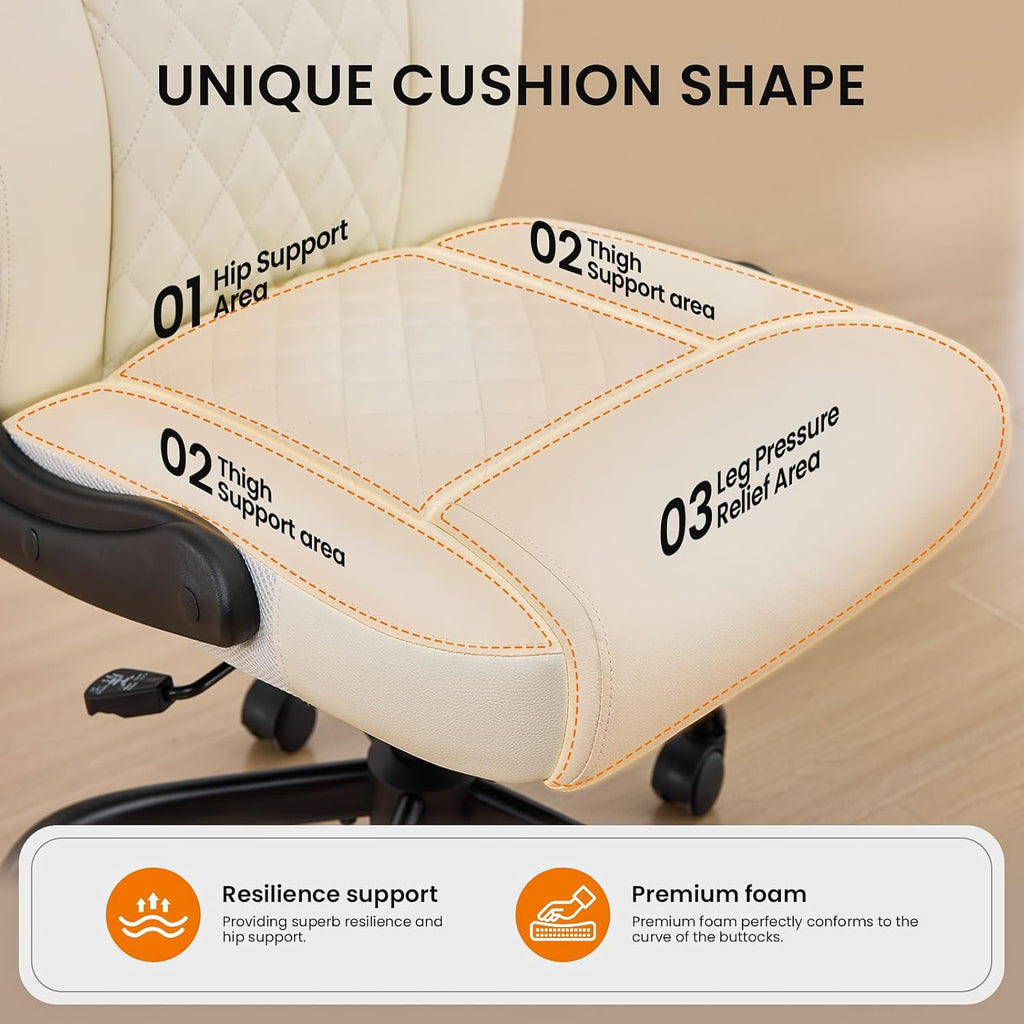 Leather Office Chair, 300lbs Heavy Duty Mid-Back Desk Chairs with Flip-up Armrests, Space-Saving Swivel Task Chair with Wheels, Adjustable Height and Ergonomic Back Support, Beige