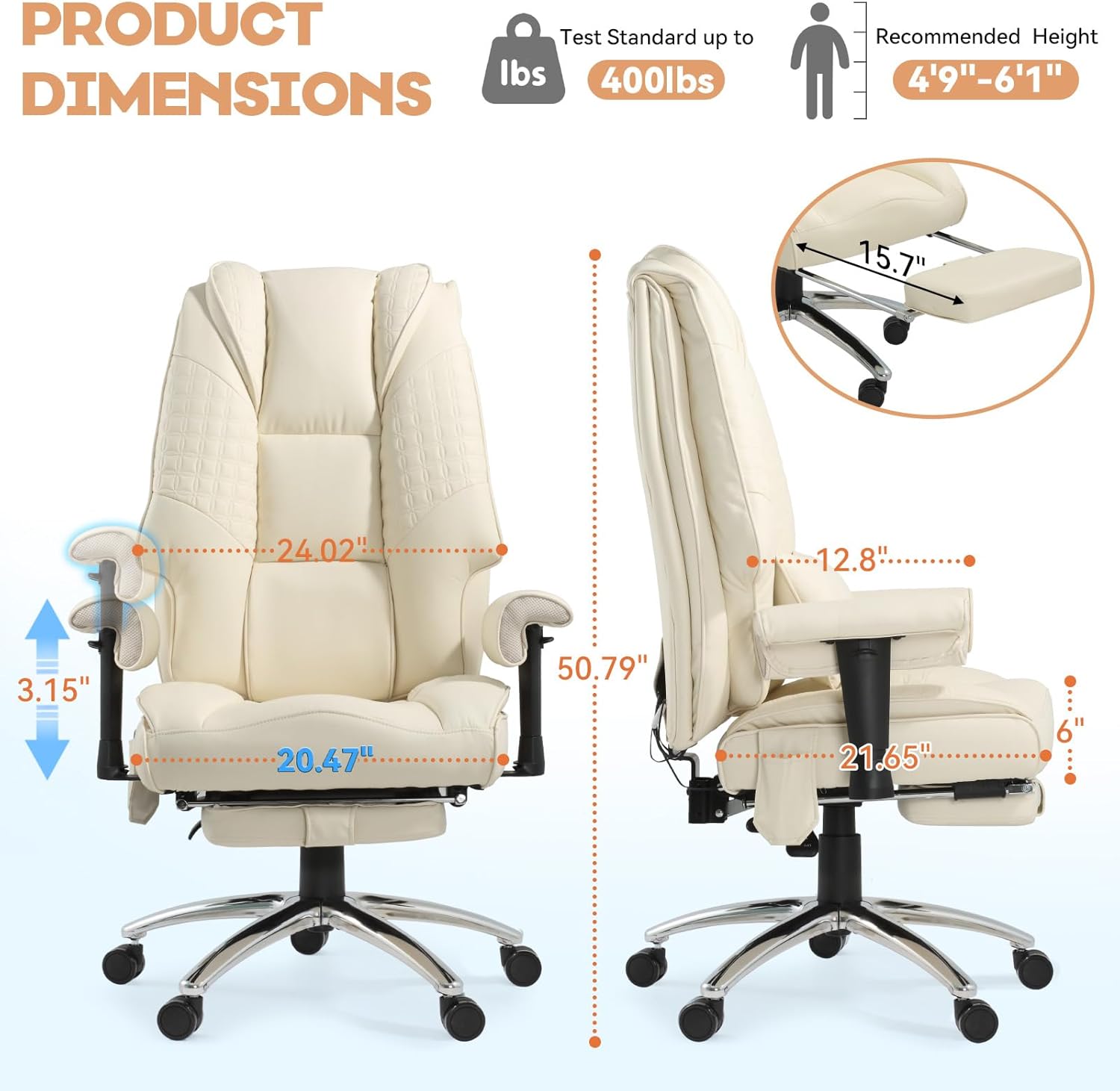 Vibrate Massage & Heating Office Chair, Executive Office Chair with Reclining Backrest, Adjustable Arms & Lumbar Support, High Back Leather Desk Chairs w/Foot Res for Home Office, Beige