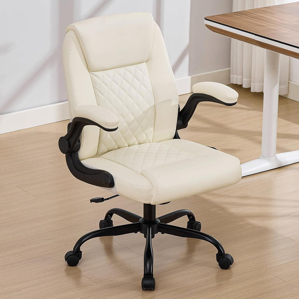 Leather Office Chair, 300lbs Heavy Duty Mid-Back Desk Chairs with Flip-up Armrests, Space-Saving Swivel Task Chair with Wheels, Adjustable Height and Ergonomic Back Support, Beige