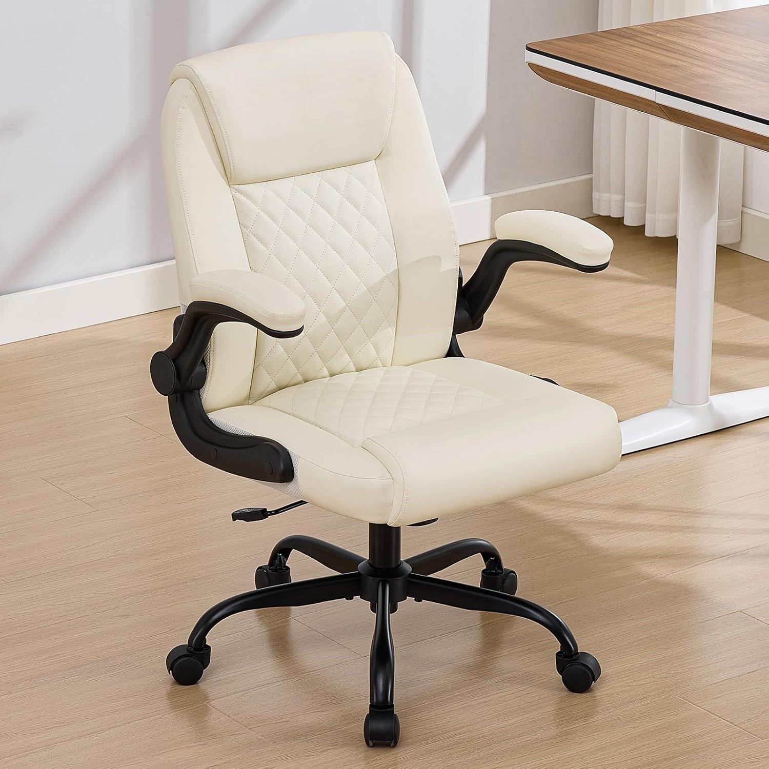 Leather Office Chair, 300lbs Heavy Duty Mid-Back Desk Chairs with Flip-up Armrests, Space-Saving Swivel Task Chair with Wheels, Adjustable Height and Ergonomic Back Support, Beige