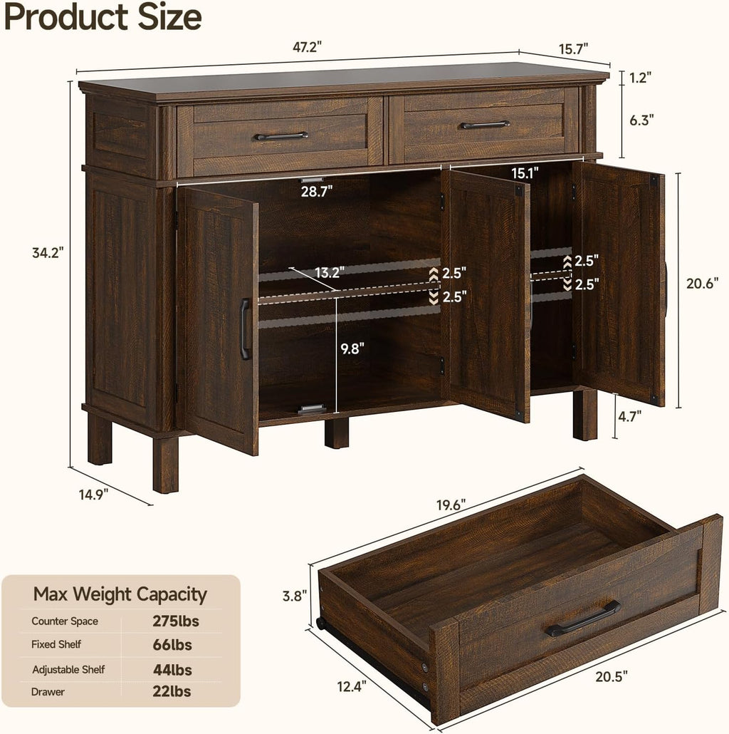 48" Brown Farmhouse Wood Sideboard Buffet Credenza with 4 Drawers & Adjustable Shelves, Coffee Bar Storage Cabinet for Kitchen Living Room Entryway