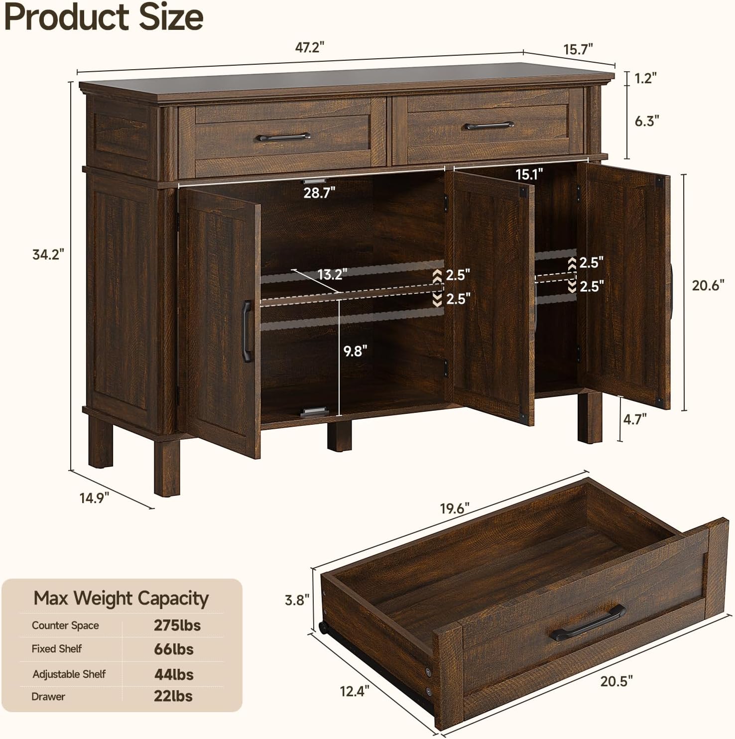 48" Brown Farmhouse Wood Sideboard Buffet Credenza with 4 Drawers & Adjustable Shelves, Coffee Bar Storage Cabinet for Kitchen Living Room Entryway