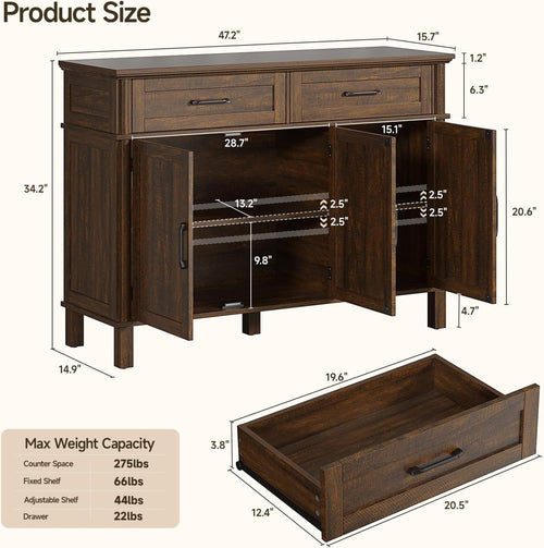 48" Brown Farmhouse Wood Sideboard Buffet Credenza with 4 Drawers & Adjustable Shelves, Coffee Bar Storage Cabinet for Kitchen Living Room Entryway