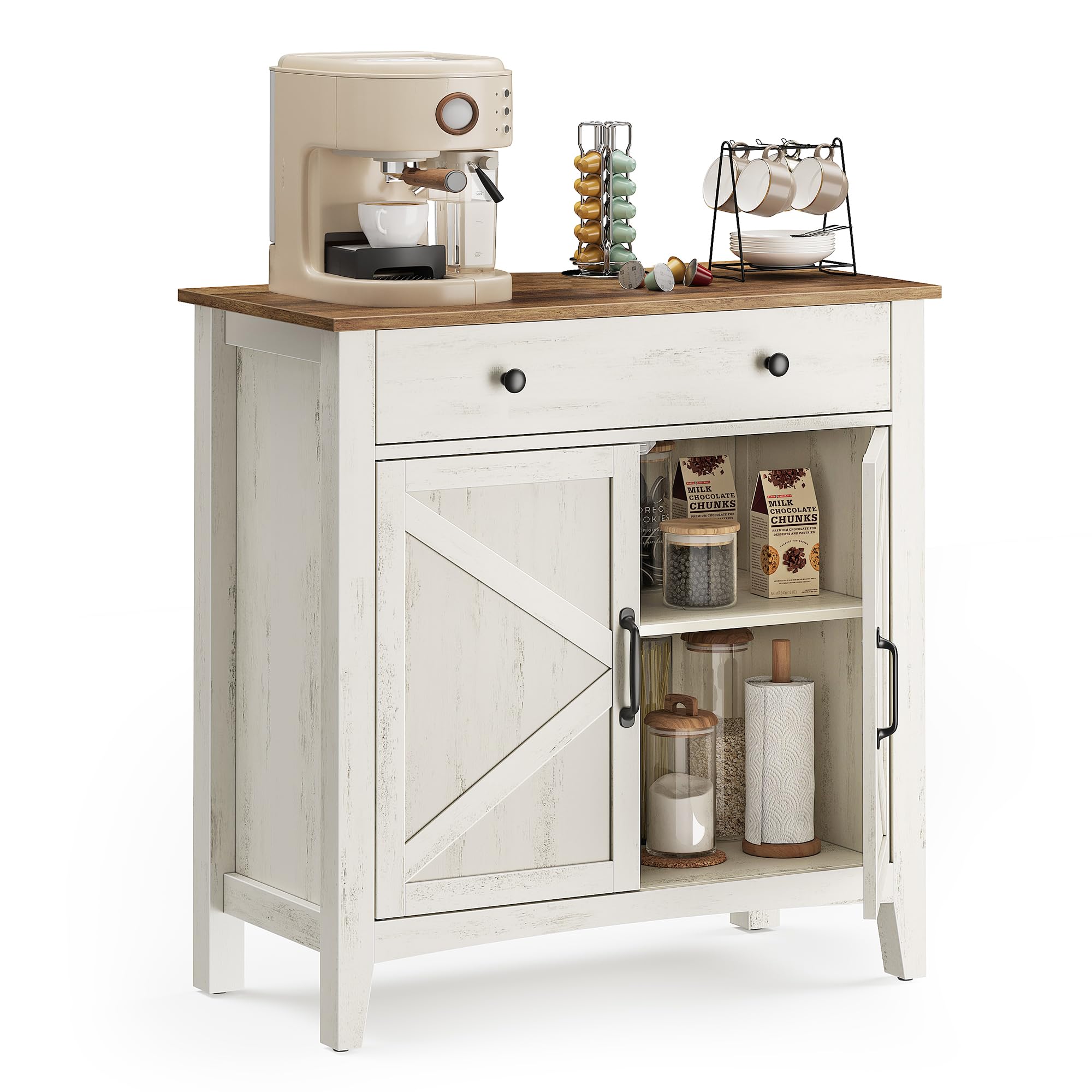 VASAGLE LIRY Collection - Buffet Cabinet, Coffee Bar Cabinet with 2 Drawers, Adjustable Shelves, Sideboard Storage with Cable Holes, Drawer Dividers, Rustic White and Honey Brown UBBK381W01