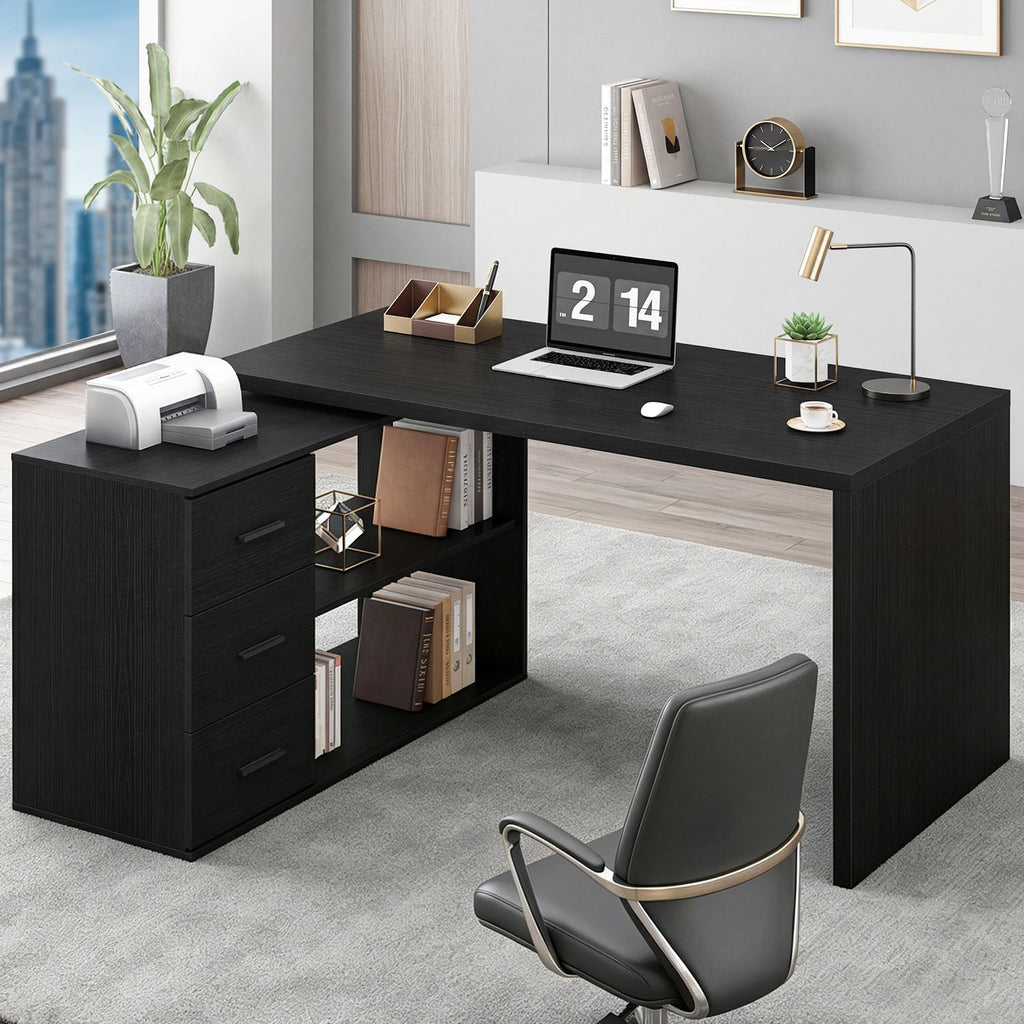 HSH L Shaped Desk with Storage Drawers Shelves, Large Corner Computer Table in Home Office, Industrial Wood Desk for Executive Writing Work Study, Rustic Oak, 55 Inch