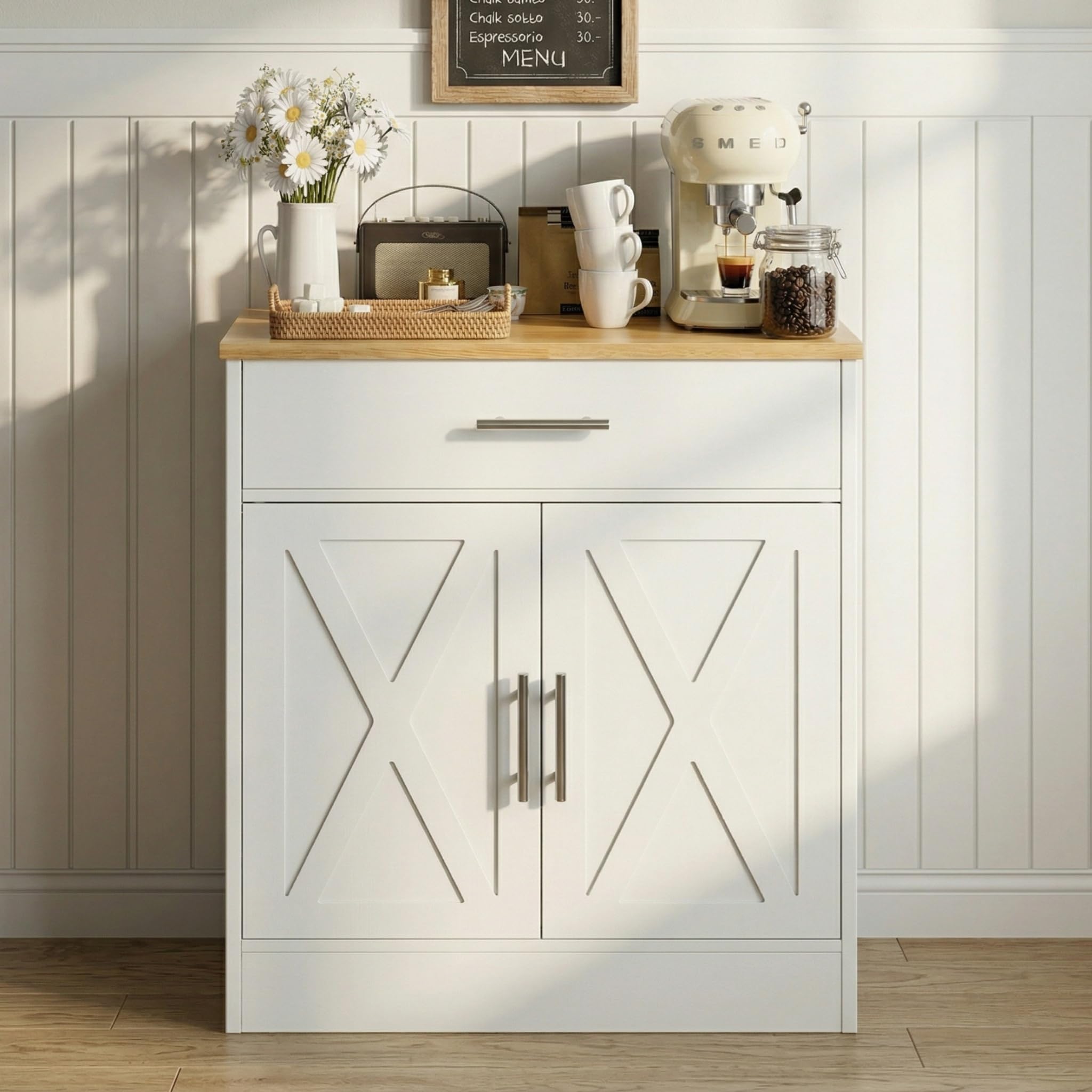 SUNLEI Kitchen Buffet Sideboard Cabinet, Wooden Storage with 4 Doors and 3 Drawers, Adjustable Shelf, Modern Farmhouse Coffee Bar Cabinet with Storage for Kitchen/Laundry/Living Room, Ivory