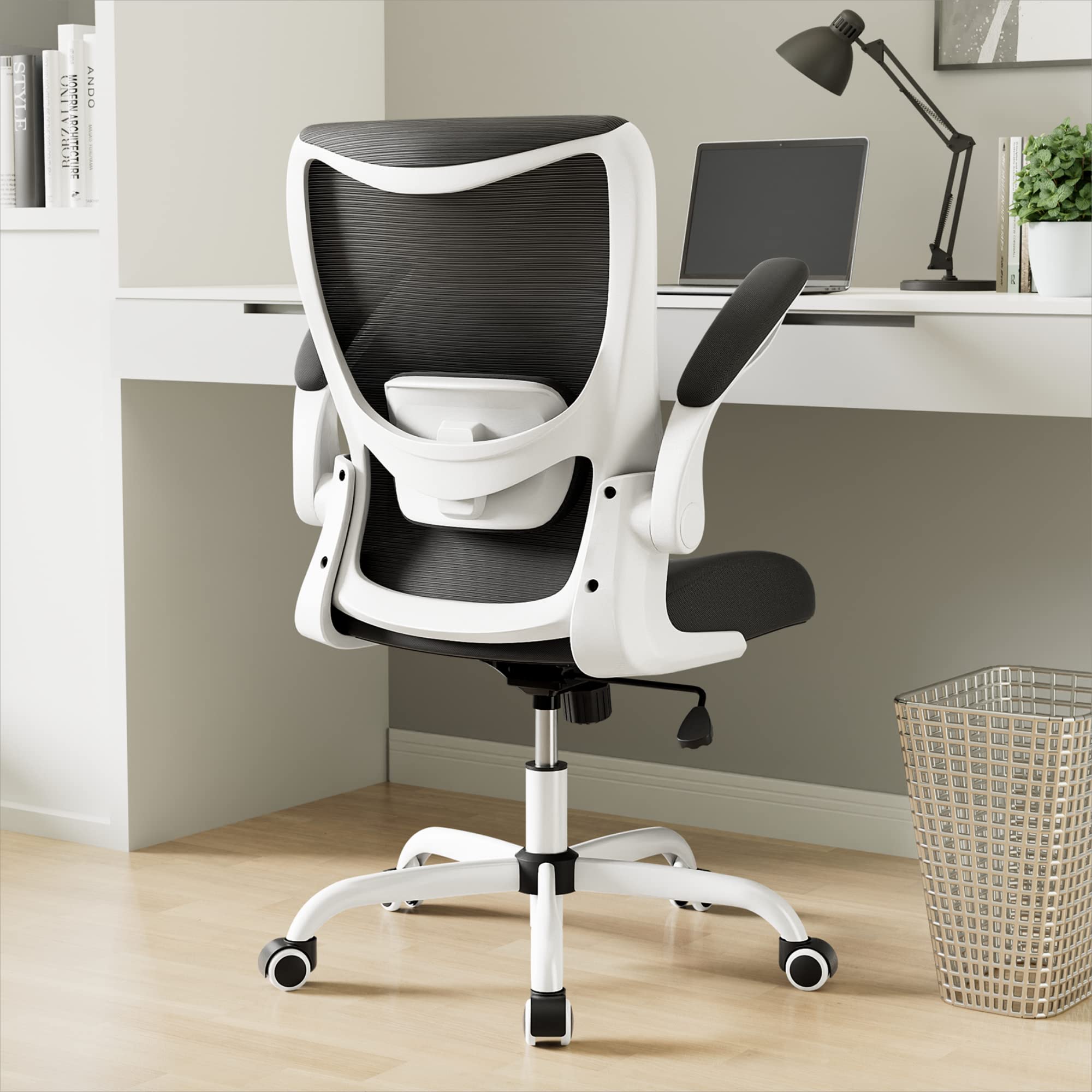 MUXX.STIL Office Chair, PU Leather Ergonomic Desk Chair with Adjustable Lumbar Support and Flip up Armrest, Breathable Mesh Computer Chair for Home Office, Khaki