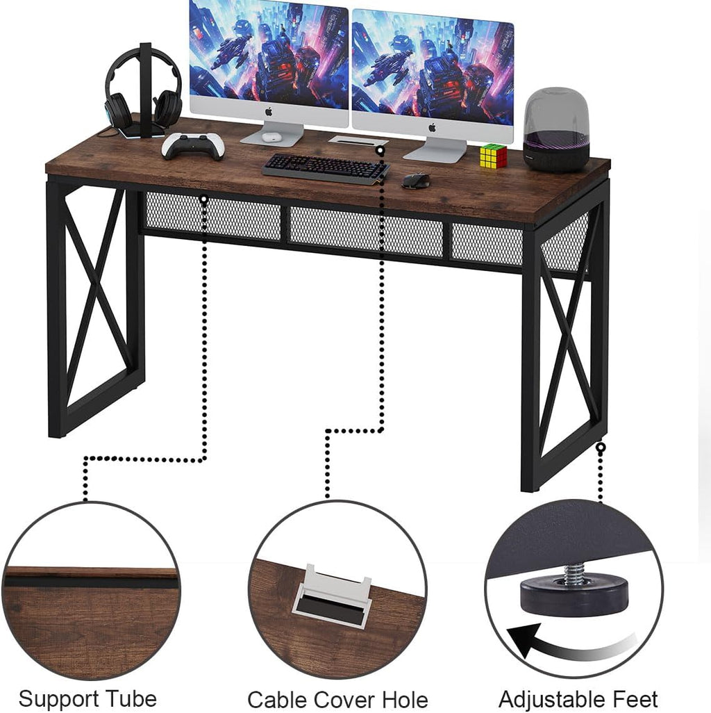 54 Inch Rustic Oak BON AUGURE Farmhouse Industrial Wood Metal Computer Gaming Writing Desk for Home Office