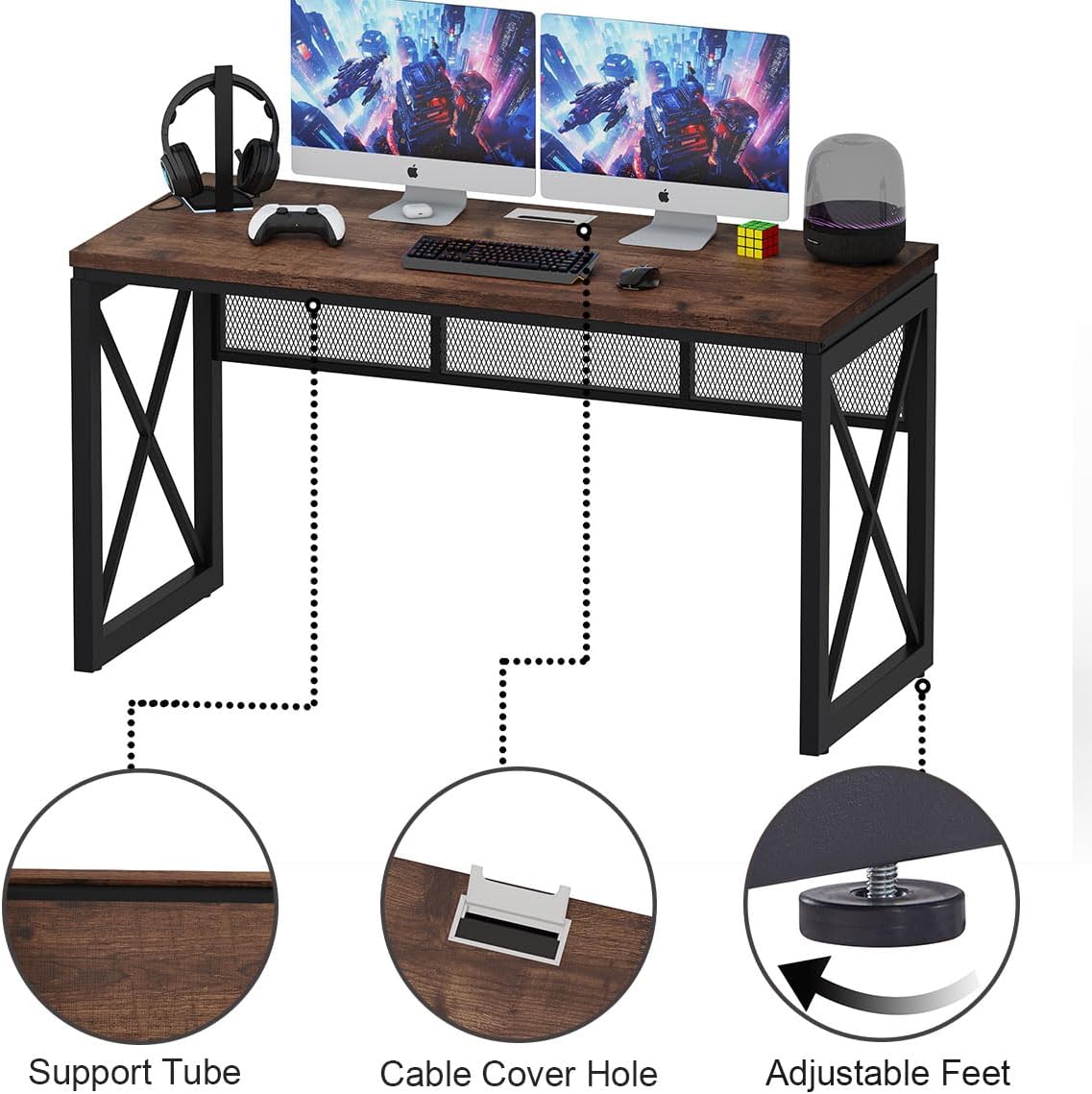 54 Inch Rustic Oak BON AUGURE Farmhouse Industrial Wood Metal Computer Gaming Writing Desk for Home Office