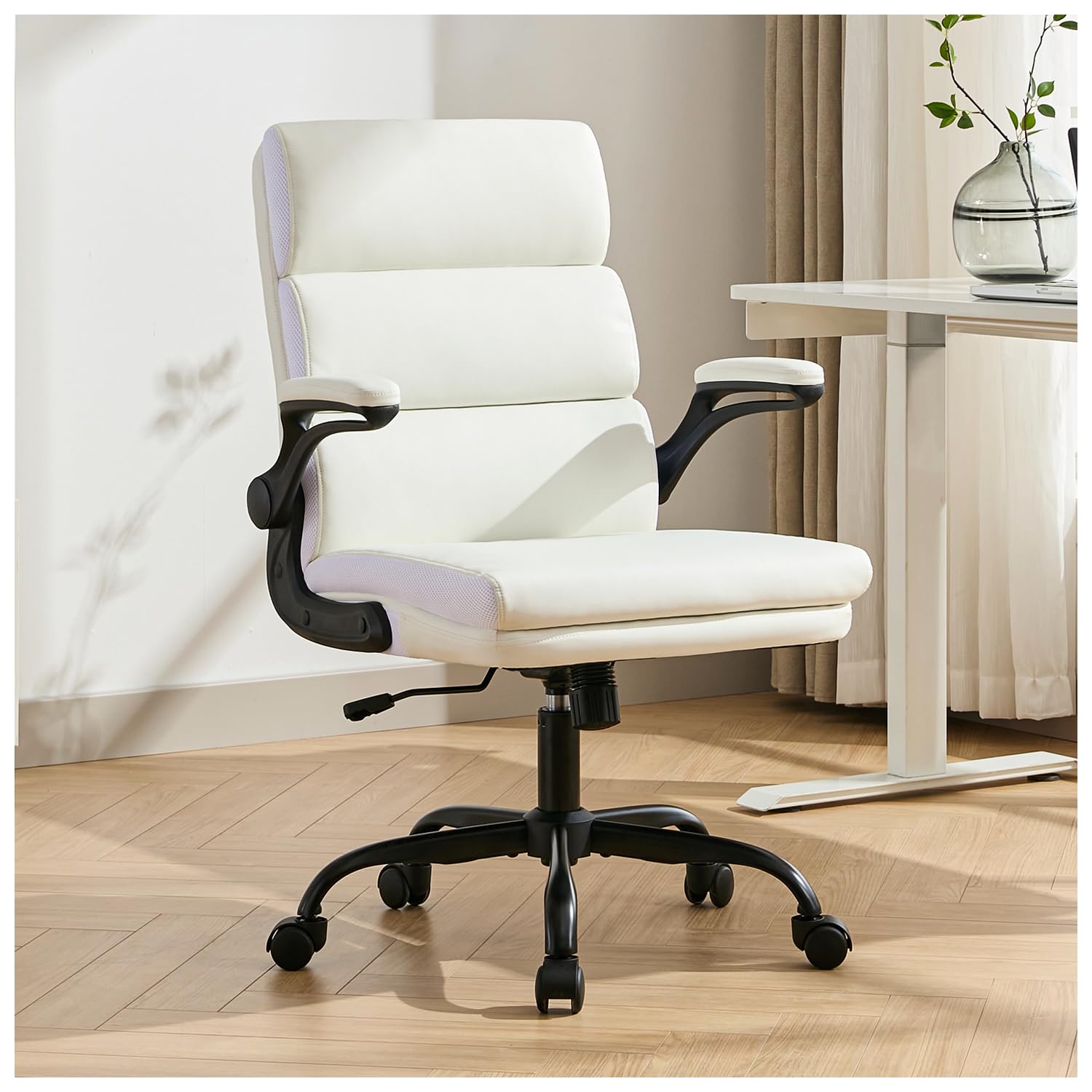 Office Chair Adjustable Desk Chair Mid Back Executive Comfortable Bonded Leather Ergonomic Back Support Home Computer Chairs with Padded Flip-up Armrest Swivel Wheels (Tan)