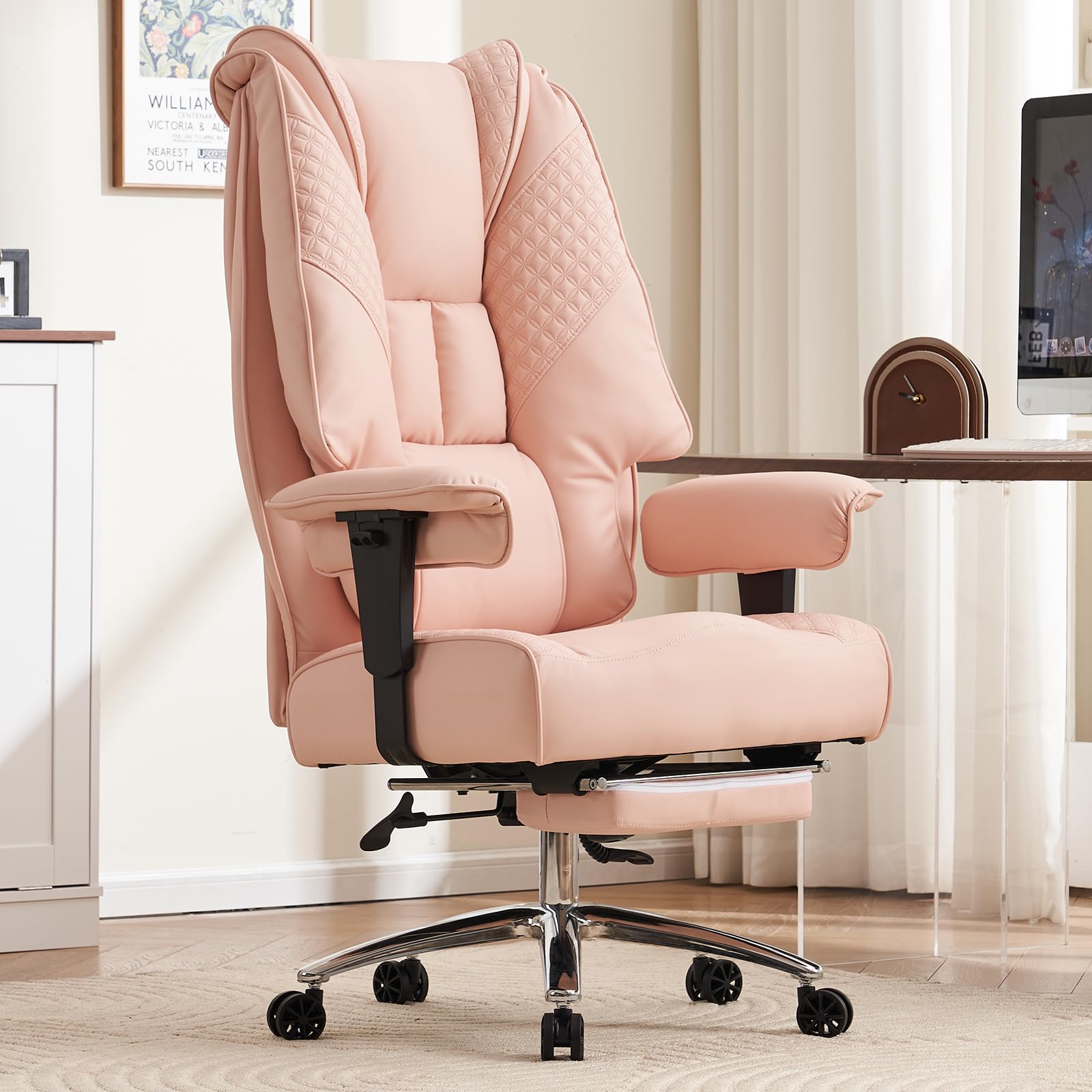 EXCEBET Big and Tall Office Chair 400lbs Wide Seat, Leather High Back Executive Office Chair with Lumbar Support, Ergonomic Chairs Padded Armrests & Thick Cushion (Mesh Beige)