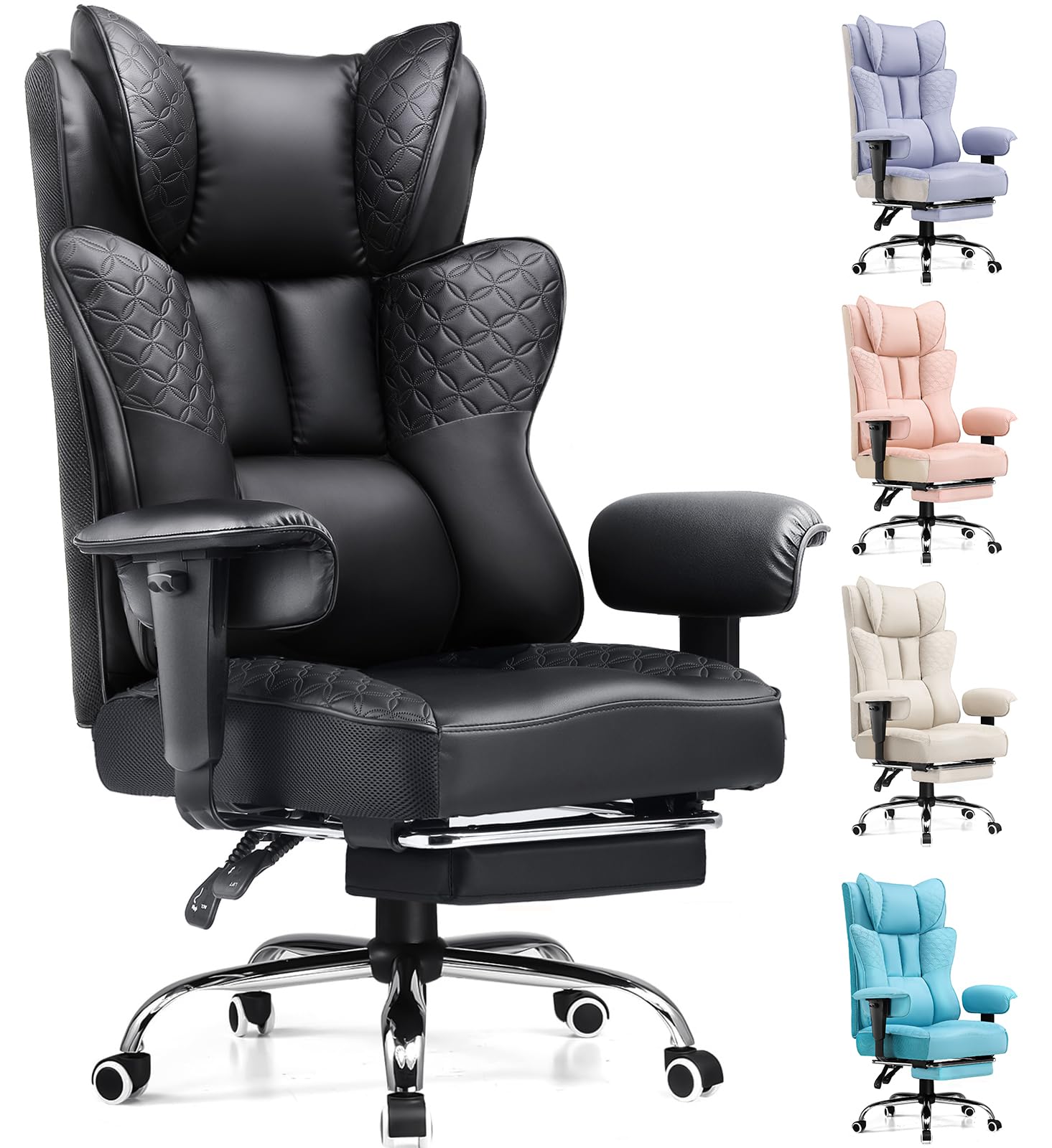 GTPLAYER Big and Tall Office Chair, Wide Ergonomic Gaming Chair with Deluxe Embossing Designed Leather with Foot Rest,150°Reclining Adjustable Soft Armrests Pocket Spring Back Support and Pillow