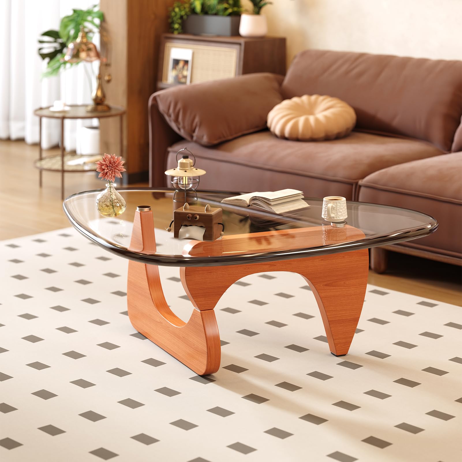 Coffee Table for Living Room Mid Century Modern Center Table with Glass Top and Wood, 36 Inch, Brown/Walnut