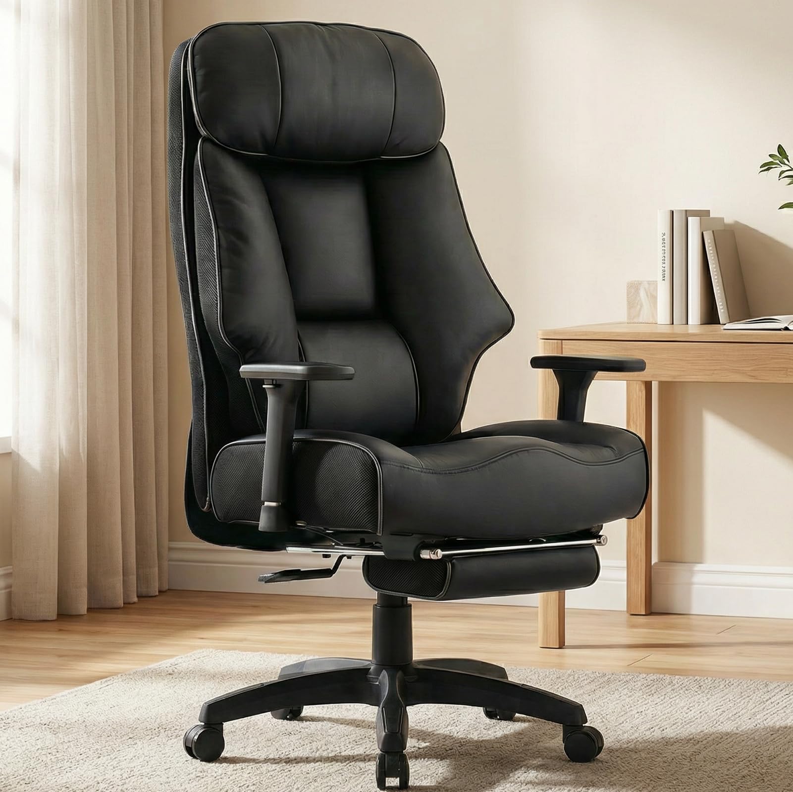 EXCEBET Big and Tall Office Chair 400lbs Wide Seat, Leather High Back Executive Office Chair with Lumbar Support, Ergonomic Chairs Padded Armrests & Thick Cushion (Mesh Beige)