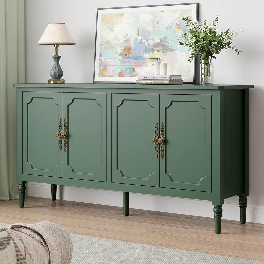 RoyalCraft Buffet Cabinet with Storage, 59" Vintage Sideboard with Adjustable Shelves, Mid Century Modern Painted Credenza Coffee Bar for Kitchen, Dining Room, Entryway, Living Room, Forest Green