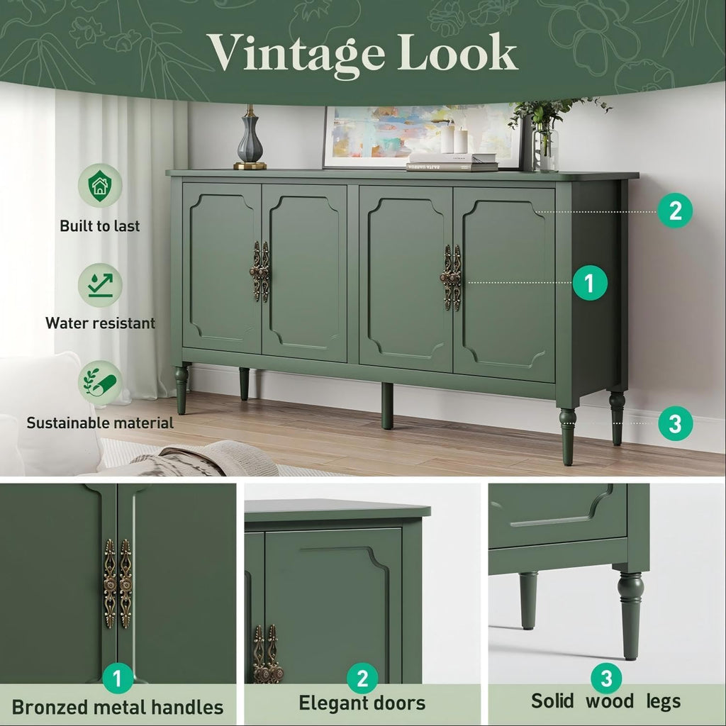 RoyalCraft Buffet Cabinet with Storage, 59" Vintage Sideboard with Adjustable Shelves, Mid Century Modern Painted Credenza Coffee Bar for Kitchen, Dining Room, Entryway, Living Room, Forest Green