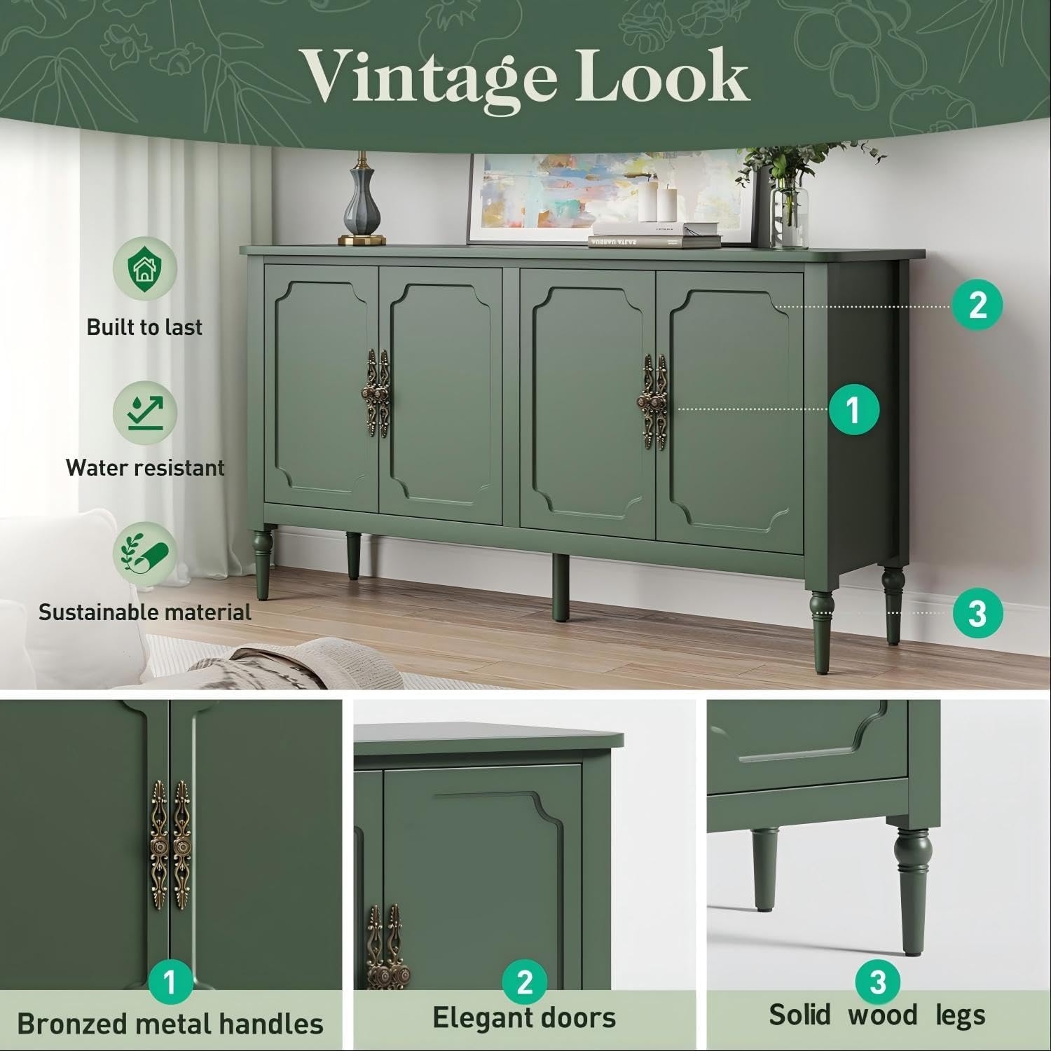 RoyalCraft Buffet Cabinet with Storage, 59" Vintage Sideboard with Adjustable Shelves, Mid Century Modern Painted Credenza Coffee Bar for Kitchen, Dining Room, Entryway, Living Room, Forest Green