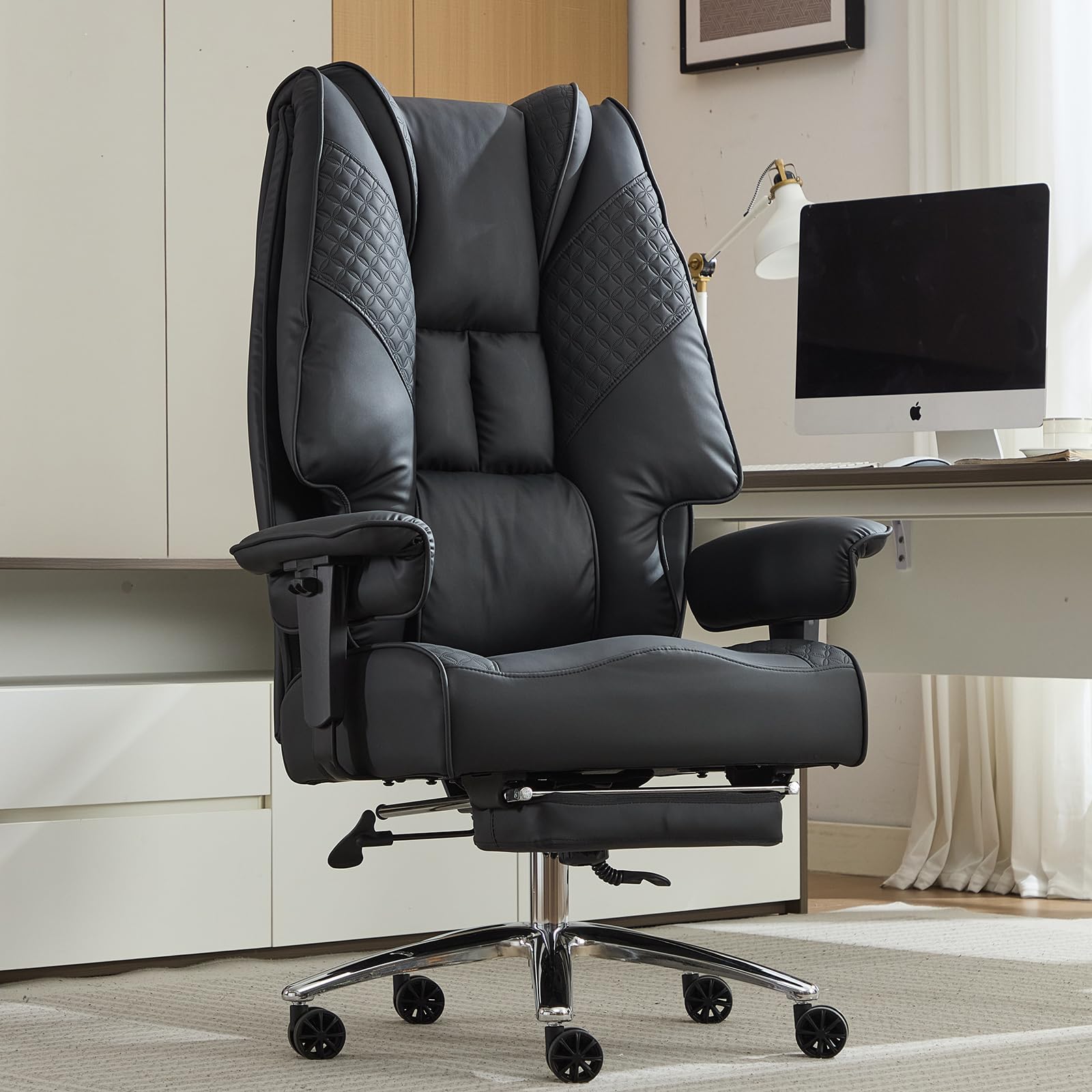 EXCEBET Big and Tall Office Chair 400lbs Wide Seat, Leather High Back Executive Office Chair with Lumbar Support, Ergonomic Chairs Padded Armrests & Thick Cushion (Mesh Beige)