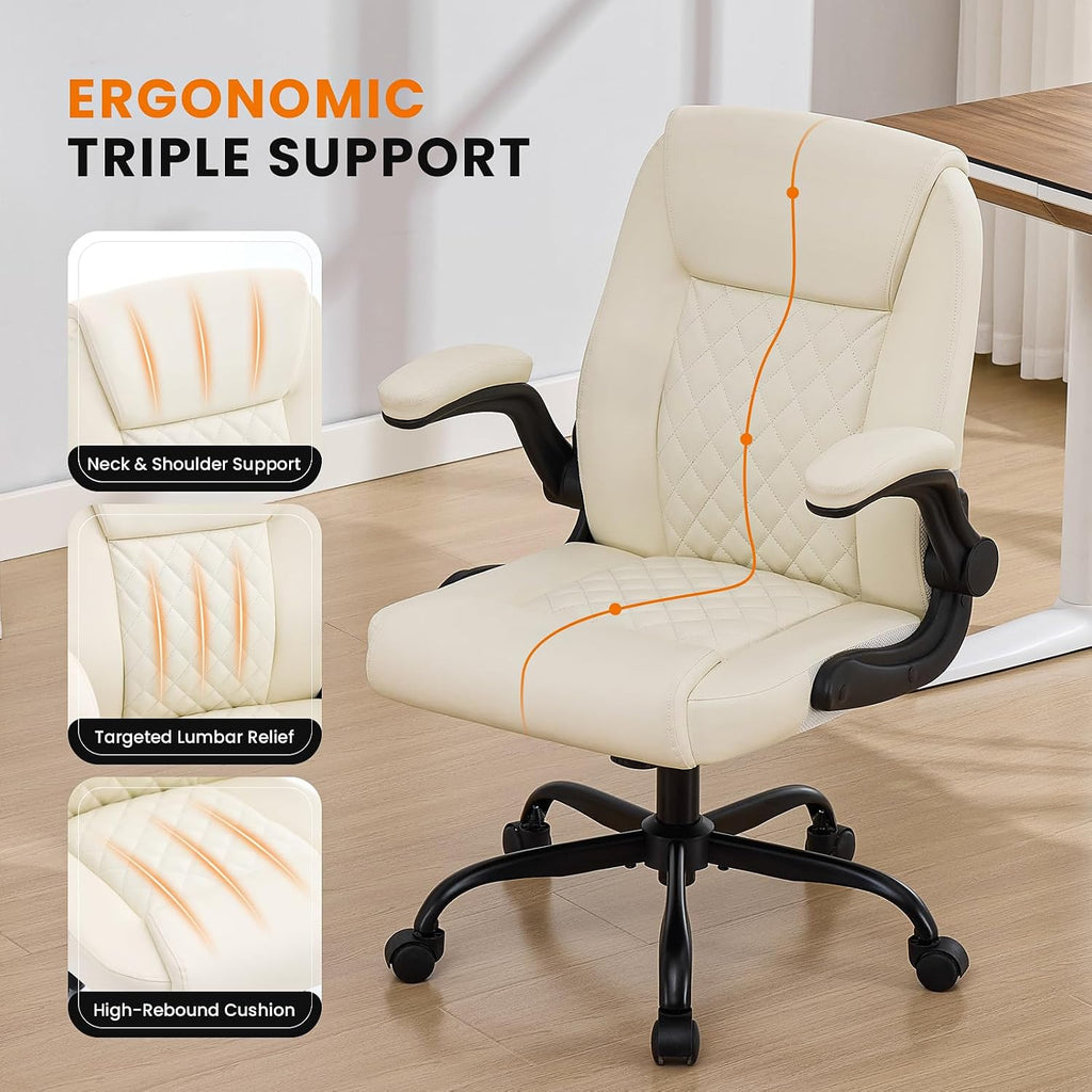 Leather Office Chair, 300lbs Heavy Duty Mid-Back Desk Chairs with Flip-up Armrests, Space-Saving Swivel Task Chair with Wheels, Adjustable Height and Ergonomic Back Support, Beige