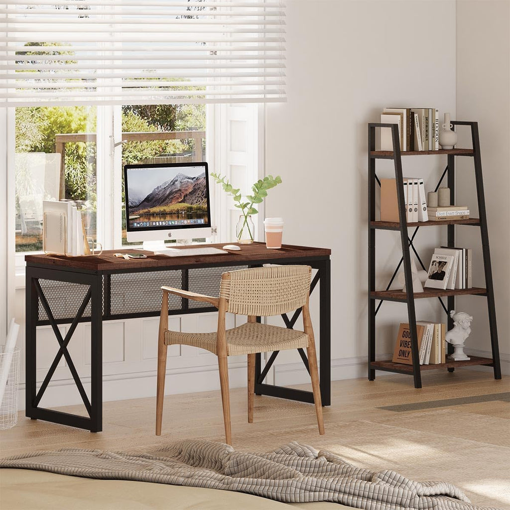 54 Inch Rustic Oak BON AUGURE Farmhouse Industrial Wood Metal Computer Gaming Writing Desk for Home Office