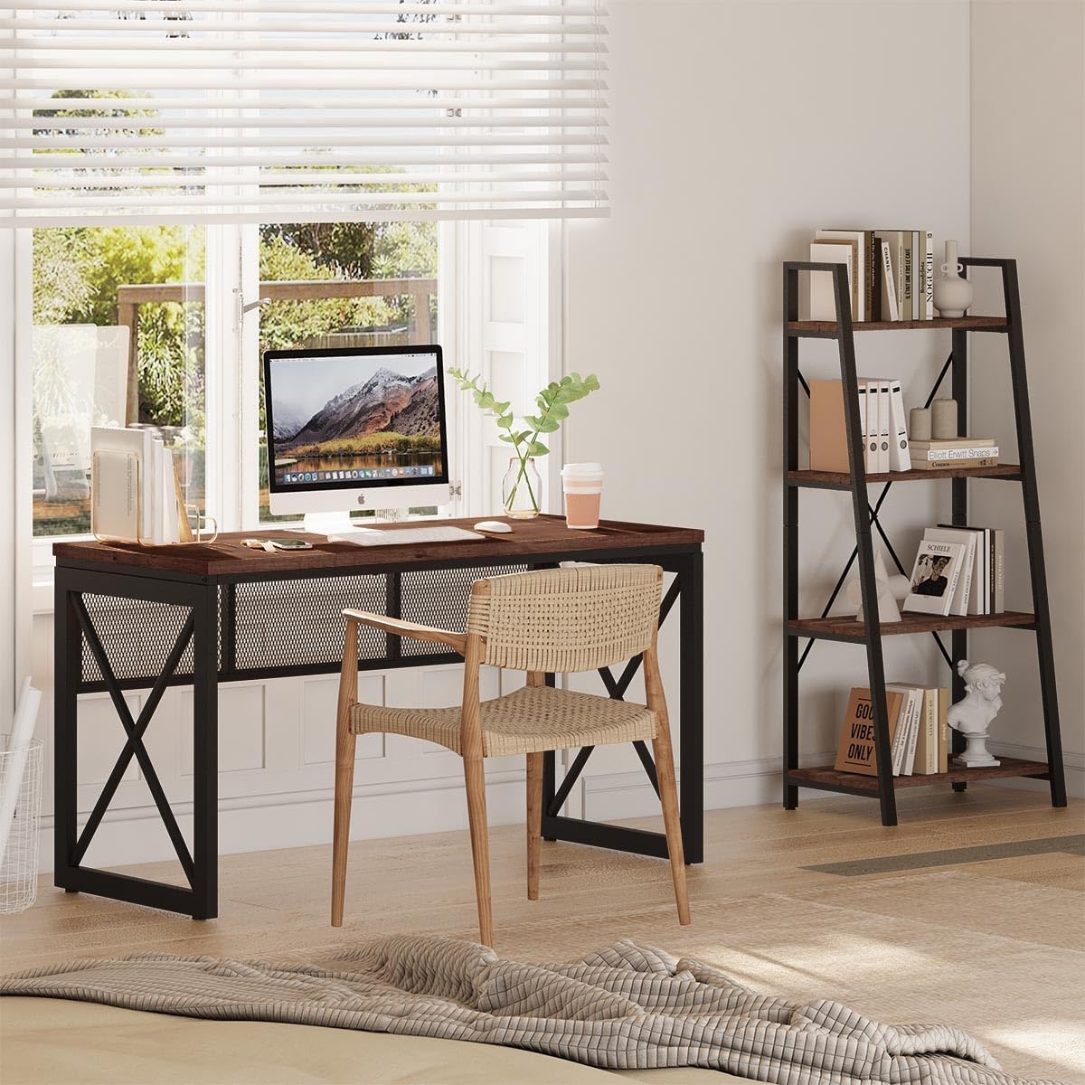 54 Inch Rustic Oak BON AUGURE Farmhouse Industrial Wood Metal Computer Gaming Writing Desk for Home Office