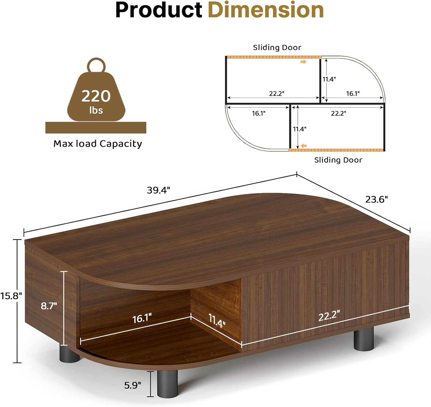 Mid-Century Modern 39.4" Coffee Table - Leaf-Shaped Wood Center Table with Storage, Retro Fluted Central Table with Sliding Door for Living Room, Office, Walnut