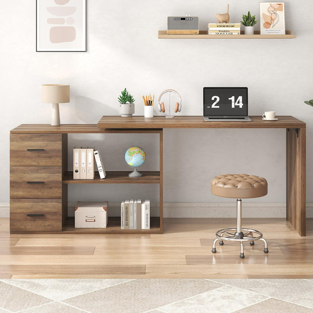 HSH L Shaped Desk with Storage Drawers Shelves, Large Corner Computer Table in Home Office, Industrial Wood Desk for Executive Writing Work Study, Rustic Oak, 55 Inch