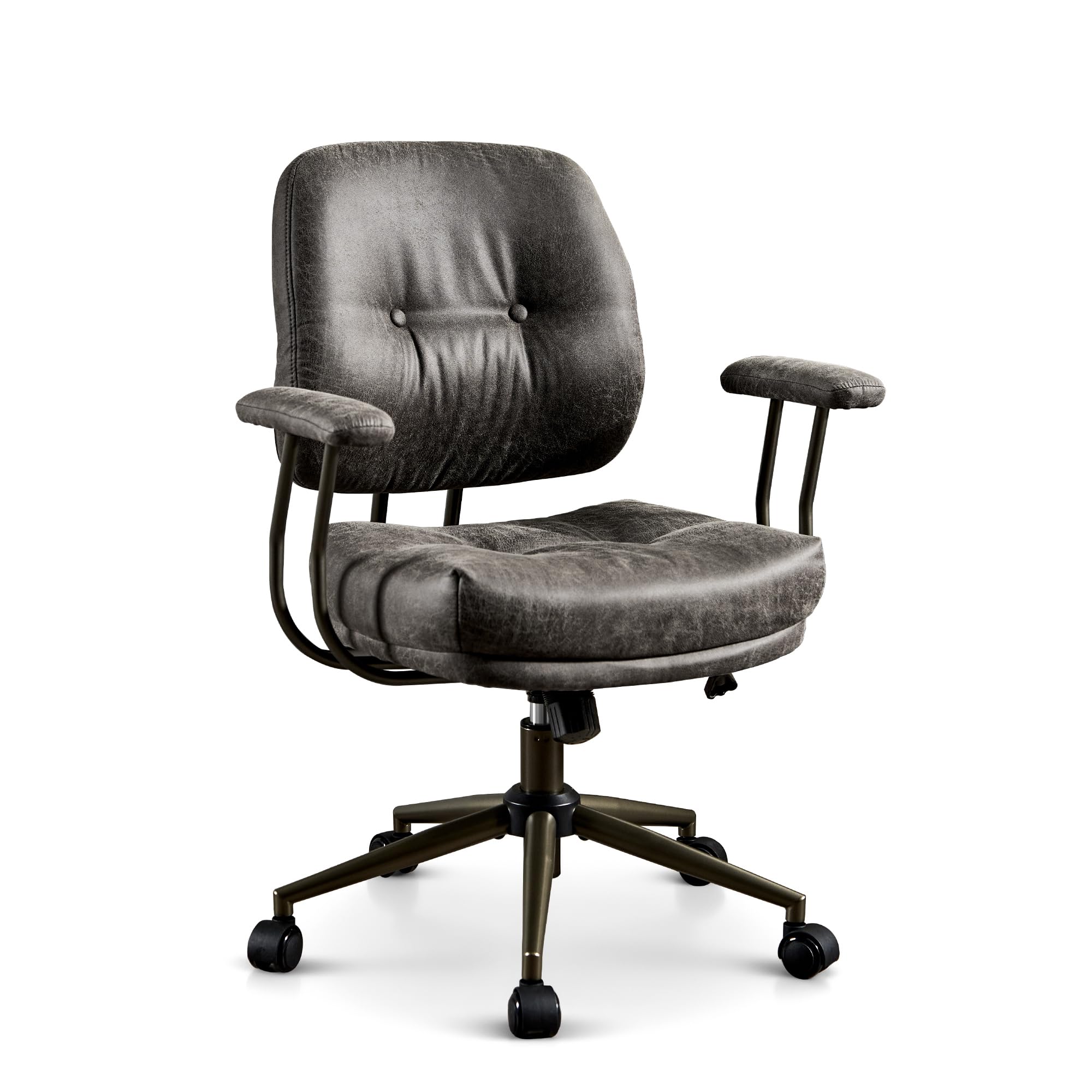 ovios Ergonomic Office Chair, Mid Back Faux Leather Executive Chairs with Armrests, Comfy Mid-Century Modern Swivel Rolling Computer Armchair (Brown, Suede Leather)