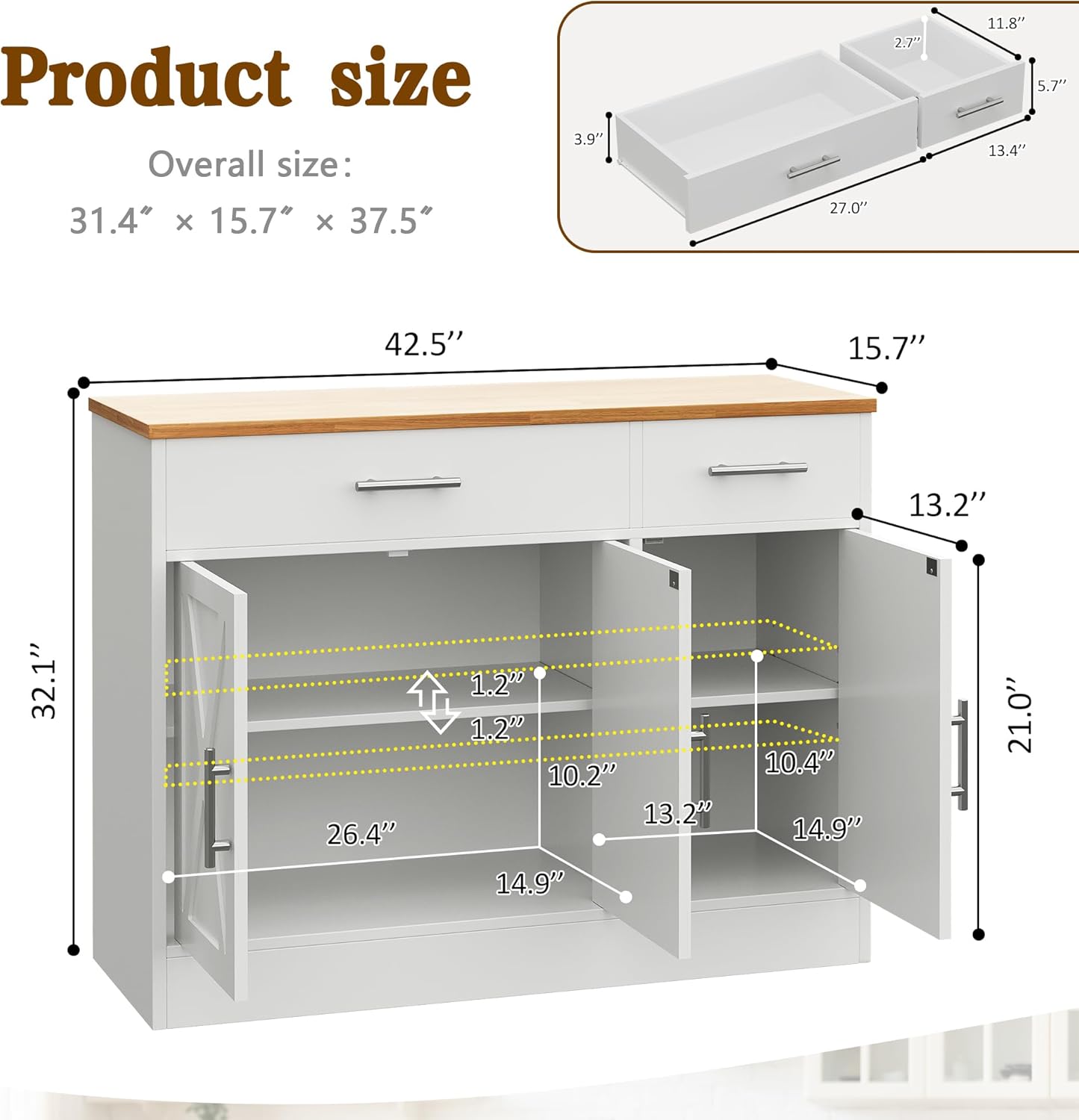 Vongrasig 43” Coffee Bar Cabinet, Farmhouse Buffet Cabinet with Storage, Sideboard Buffet with Drawers and Shelves for Kitchen, Dining Room, White