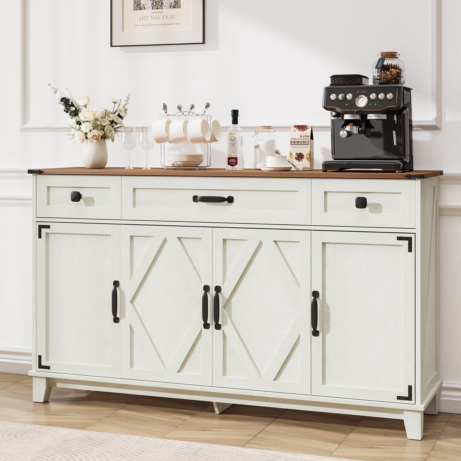 Farmhouse Buffet Cabinet with Drawers, 55" Large Sideboard Kitchen Buffet Storage Cabinet with 3 Adjustable Shelves and Doors Heightened Table Wood Coffee Bar for Kitchen Living Room, Black