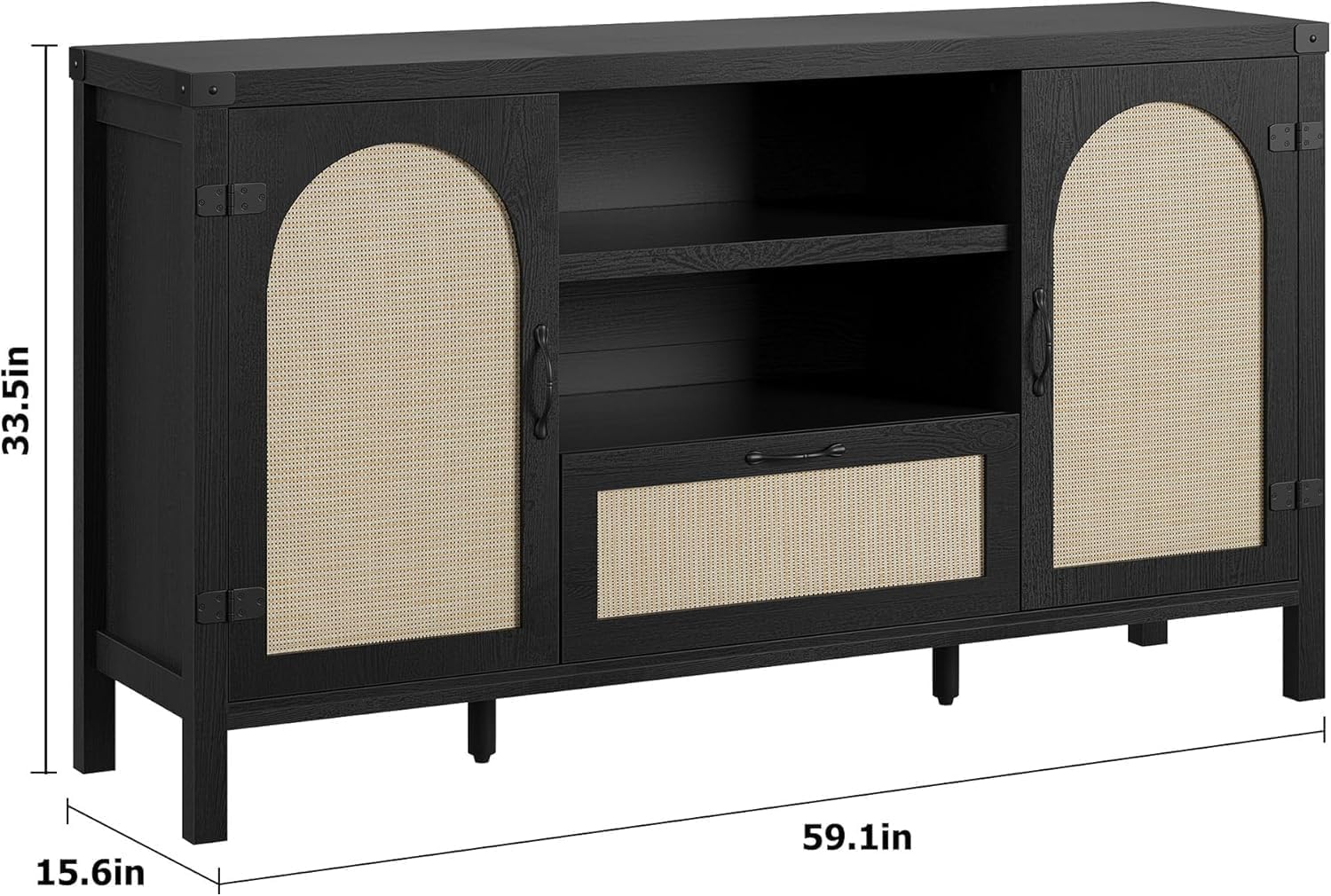 IDEALHOUSE Sideboard Buffet Cabinet with Storage, 59.1" Large Rattan Storage Cabinet with Drawers, Farmhouse Coffee Bar Cabinet for Living Room, Kitchen, Entryway, Black