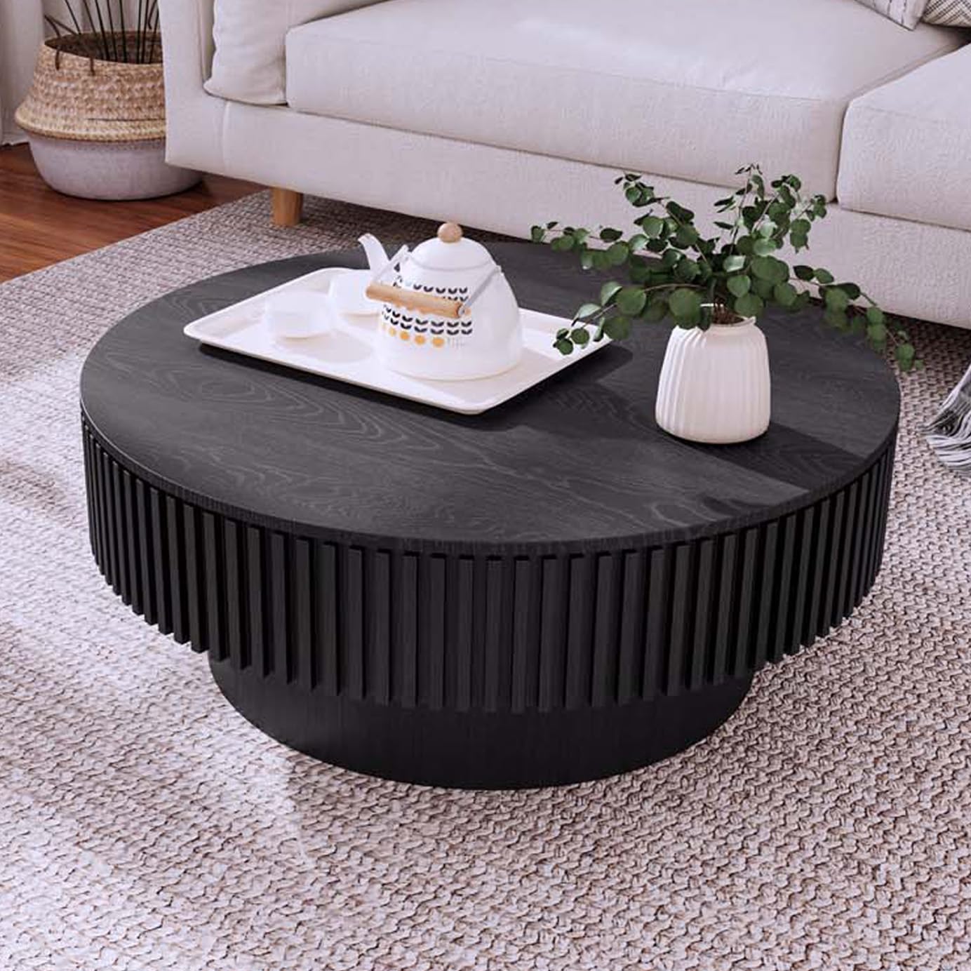 31" Round Coffee Table for Living Room, Mid Century Modern Coffee Table with Sturdy Pedestal, Circle Center Table Accent Tea Table for Apartment Walnut