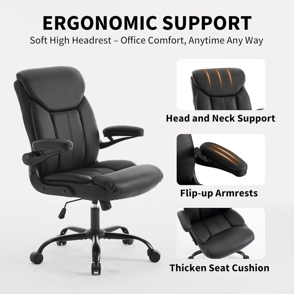 Home Office Ergonomic Desk Chair - Comfy Leather Executive Chair with Flip-Up Armrests, Height Adjustable Computer Chair for Gaming, 360° Swivel & Rocking(Black)