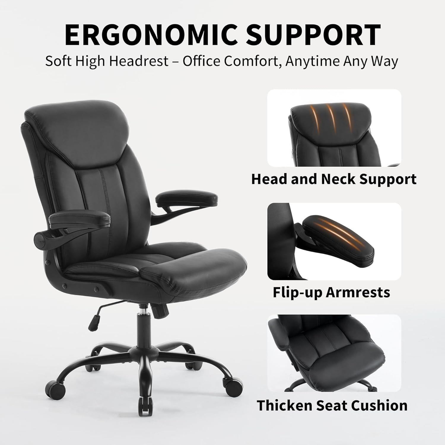 Home Office Ergonomic Desk Chair - Comfy Leather Executive Chair with Flip-Up Armrests, Height Adjustable Computer Chair for Gaming, 360° Swivel & Rocking(Black)