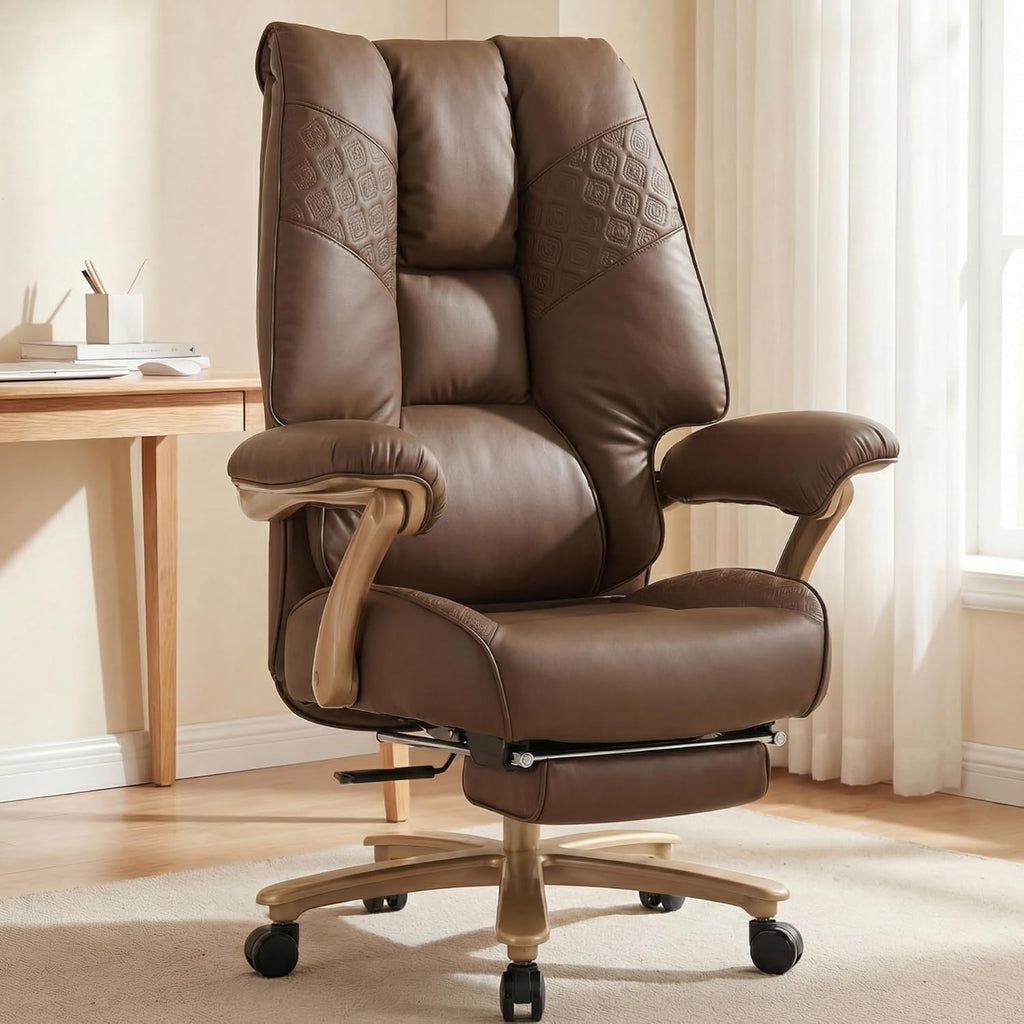 Brown High Back PU Leather Big & Tall 400lbs Office Chair with Footrest, Lumbar Support & Padded Armrests