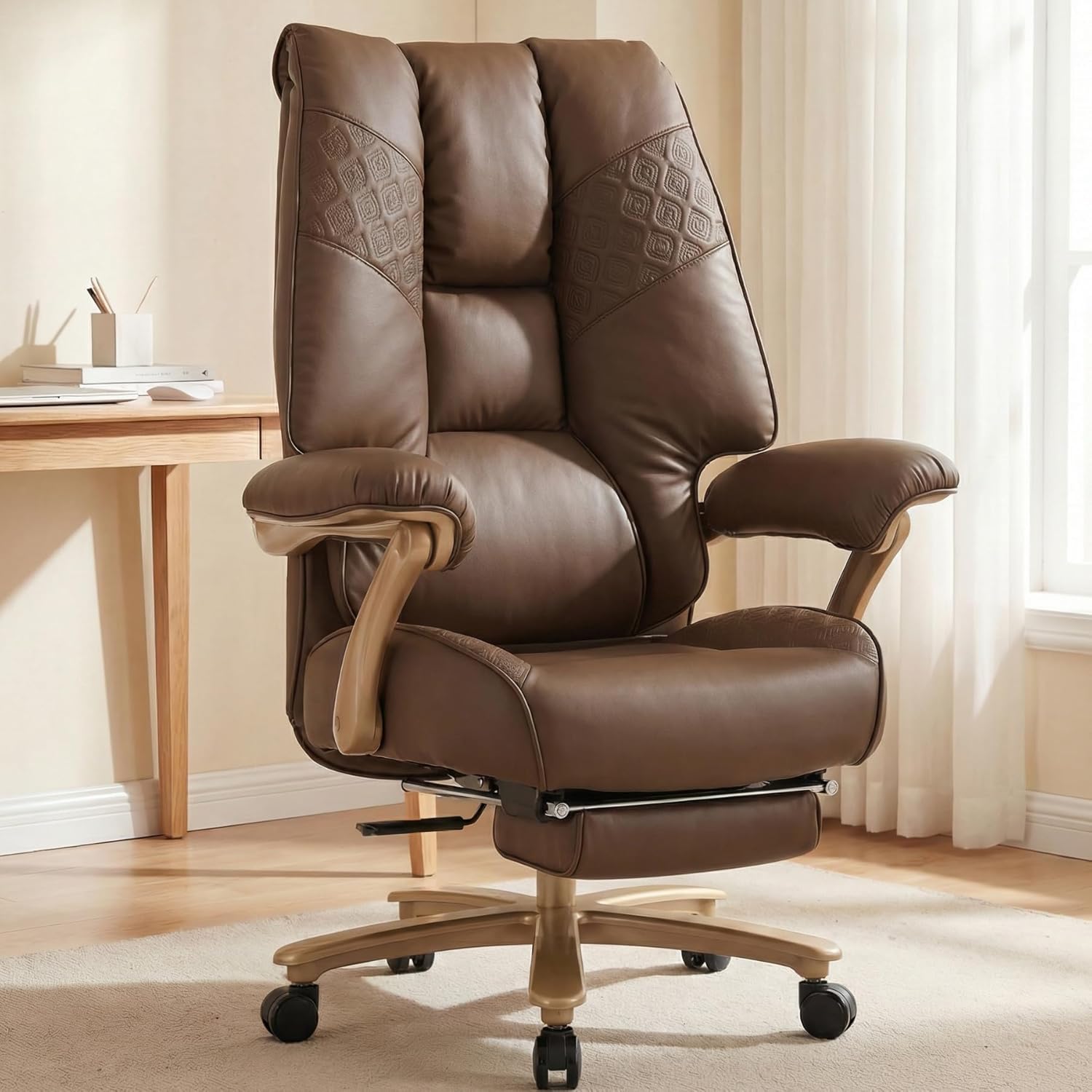 Brown High Back PU Leather Big & Tall 400lbs Office Chair with Footrest, Lumbar Support & Padded Armrests