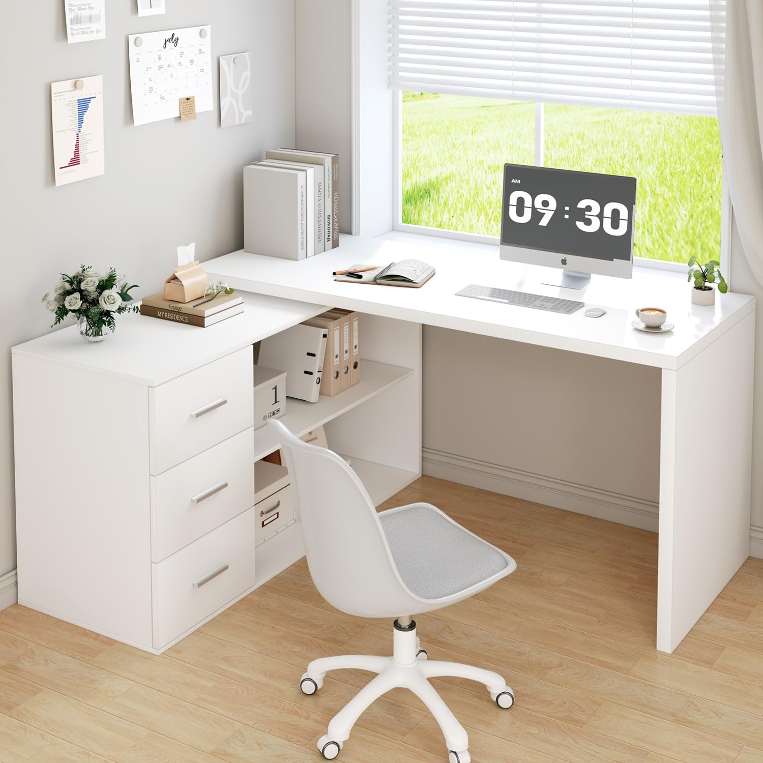 HSH L Shaped Desk with Storage Drawers Shelves, Large Corner Computer Table in Home Office, Industrial Wood Desk for Executive Writing Work Study, Rustic Oak, 55 Inch