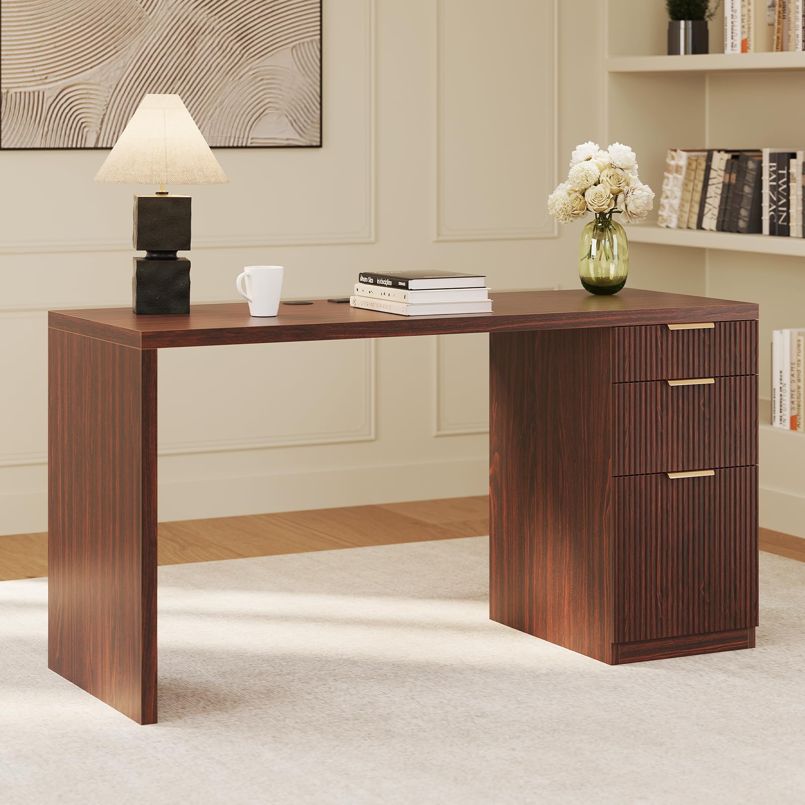FURSUN 58" Home Office Desk with Power Outlet & File Cabinet, Modern Fluted Executive Desk with 3 Storage Drawers, Large Computer Workstation for Study & Bedroom, Natural Oak