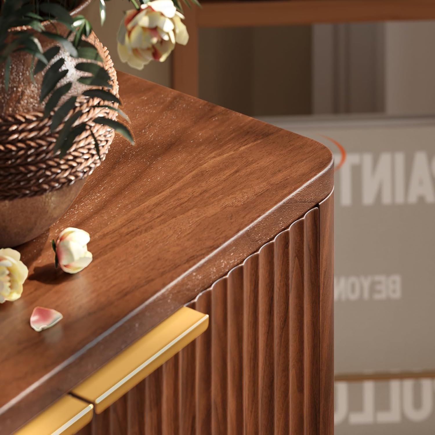 Evermagin 67" Fluted Walnut Buffet Cabinet Sideboard with Storage, Large Credenza with 6 Doors, Wood Mid Century Modern Sideboard for Kitchen and Living Room (67" W*31.5" H*15.7" D)