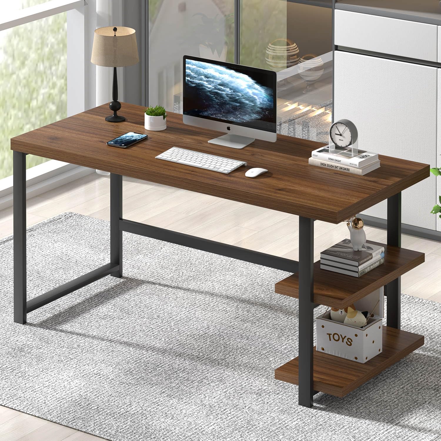 FOLUBAN Computer Desk, Modern Home Office Desk with Storage Shelves, Writing Study Gaming Table for Living Room Bedroom, Rustic Oak, 53 Inch