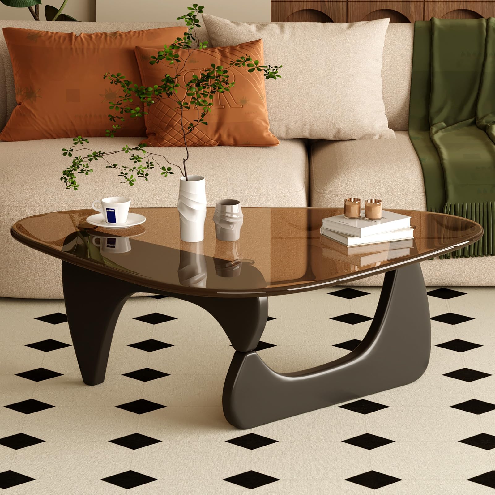 Coffee Table for Living Room Mid Century Modern Center Table with Glass Top and Wood, 36 Inch, Brown/Walnut