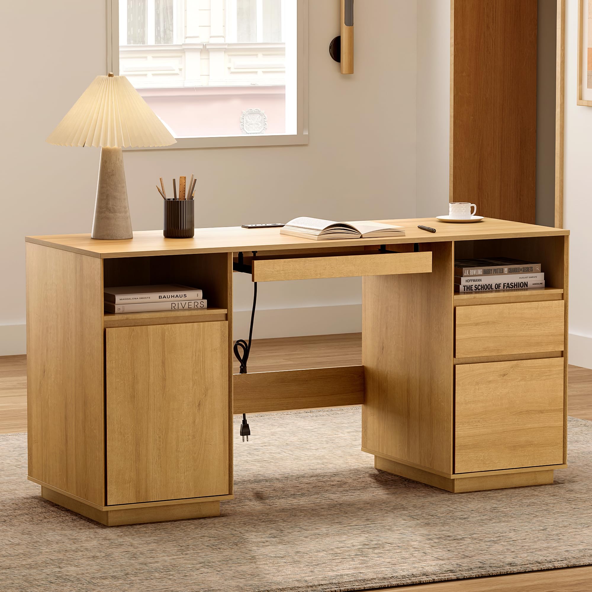 EYYTHUNG Home Office Desk, 47" Farmhouse Executive Desk with File Drawer & Outlet, Wood Computer Desks with Keyboard Tray, Workspace for Study Writing, Natural Oak