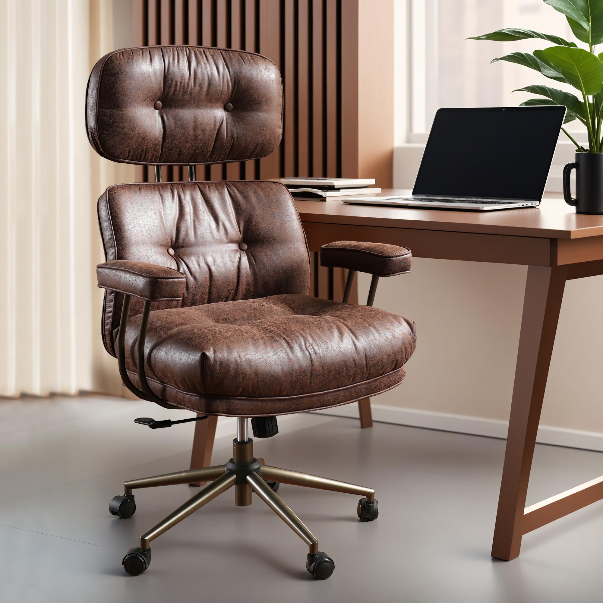 ovios Ergonomic Office Chair, Mid Back Faux Leather Executive Chairs with Armrests, Comfy Mid-Century Modern Swivel Rolling Computer Armchair (Brown, Suede Leather)
