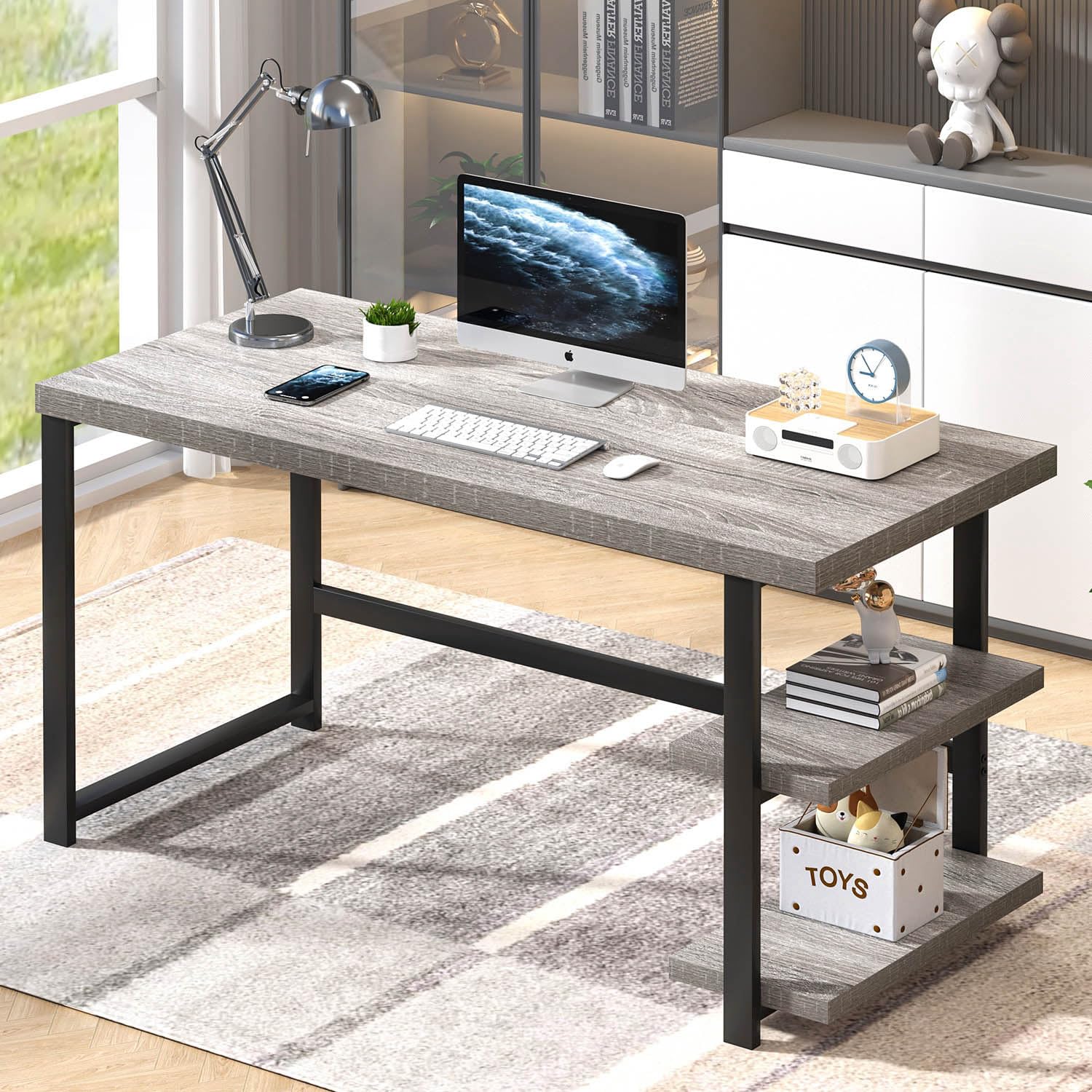 FOLUBAN Computer Desk, Modern Home Office Desk with Storage Shelves, Writing Study Gaming Table for Living Room Bedroom, Rustic Oak, 53 Inch