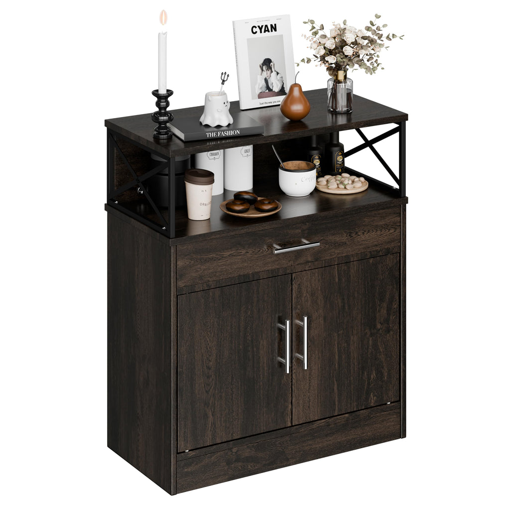 SUNLEI Kitchen Buffet Sideboard Cabinet, Wooden Storage with 4 Doors and 3 Drawers, Adjustable Shelf, Modern Farmhouse Coffee Bar Cabinet with Storage for Kitchen/Laundry/Living Room, Ivory