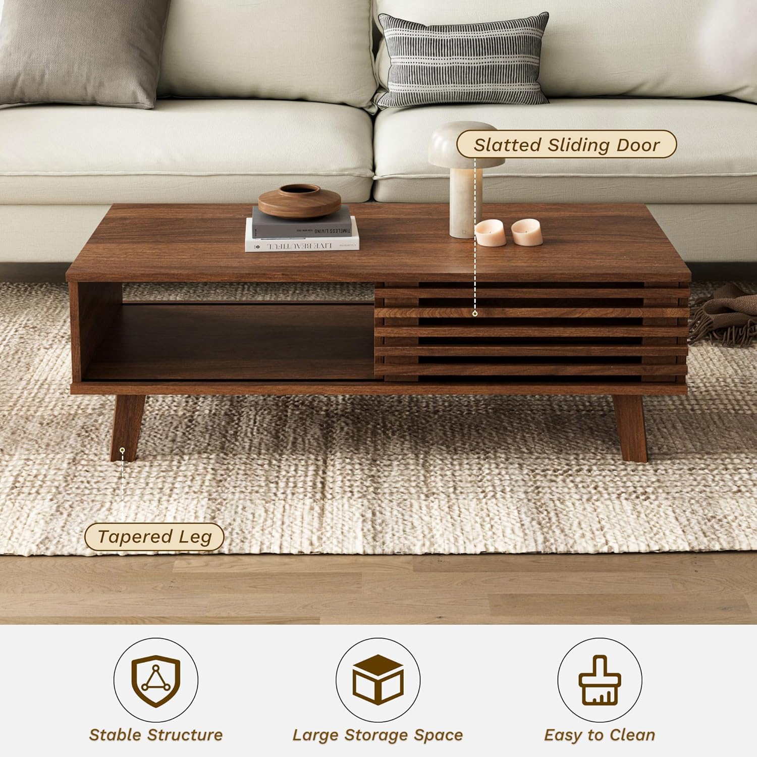 Furniway Mid Century Modern Coffee Table, Wood Coffee Table with Storage, Farmhouse Table for Living Room, Apartment, Walnut