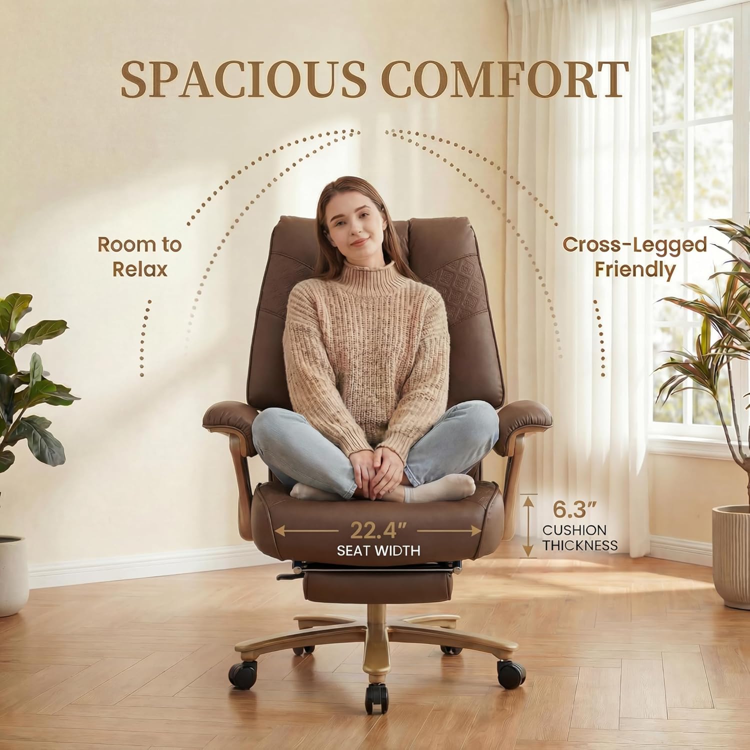 Brown High Back PU Leather Big & Tall 400lbs Office Chair with Footrest, Lumbar Support & Padded Armrests