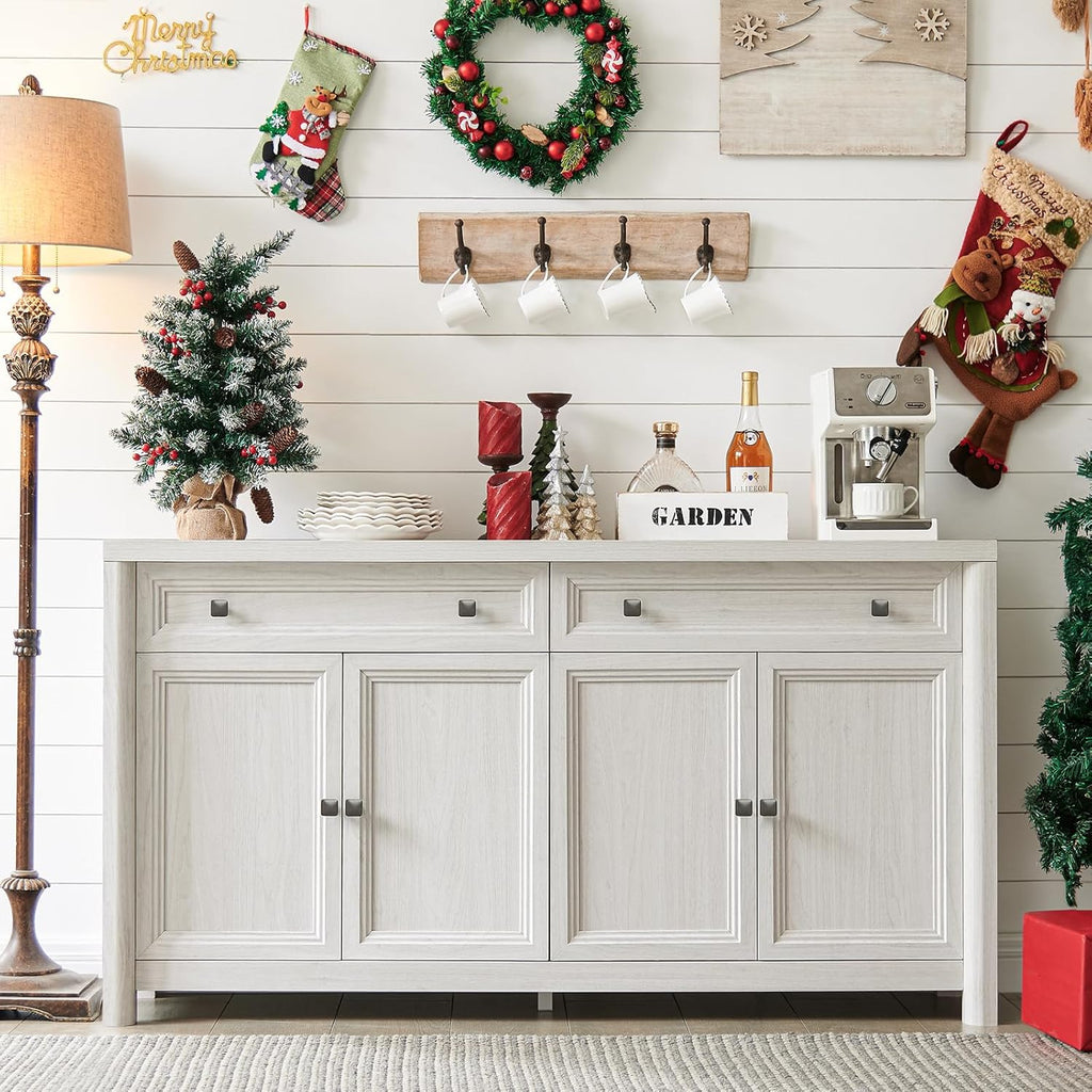 Standifurno Farmhouse Sideboard Buffet Cabinet with Drawers, 59" Large Credenza Kitchen Storage Cabinets with Shelves & 4 Doors, Wood Rustic Coffee Bar Console Table for Living Room, White