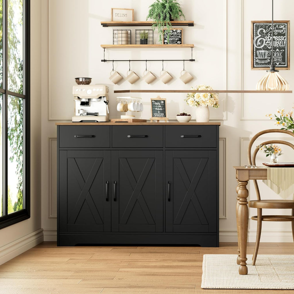 HOSTACK Modern Farmhouse Buffet Sideboard Cabinet, Barn Doors Storage Cabinet with Drawers and Shelves, Wood Coffee Bar with Storage for Dining Room, Kitchen, Living Room, Black/Rustic Brown
