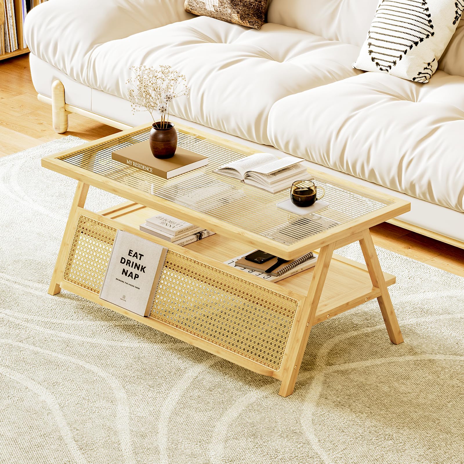Bamworld Rattan Coffee Table with Glass Top Mid-Century Modern Center Table with Storage for Living Room Table Brown